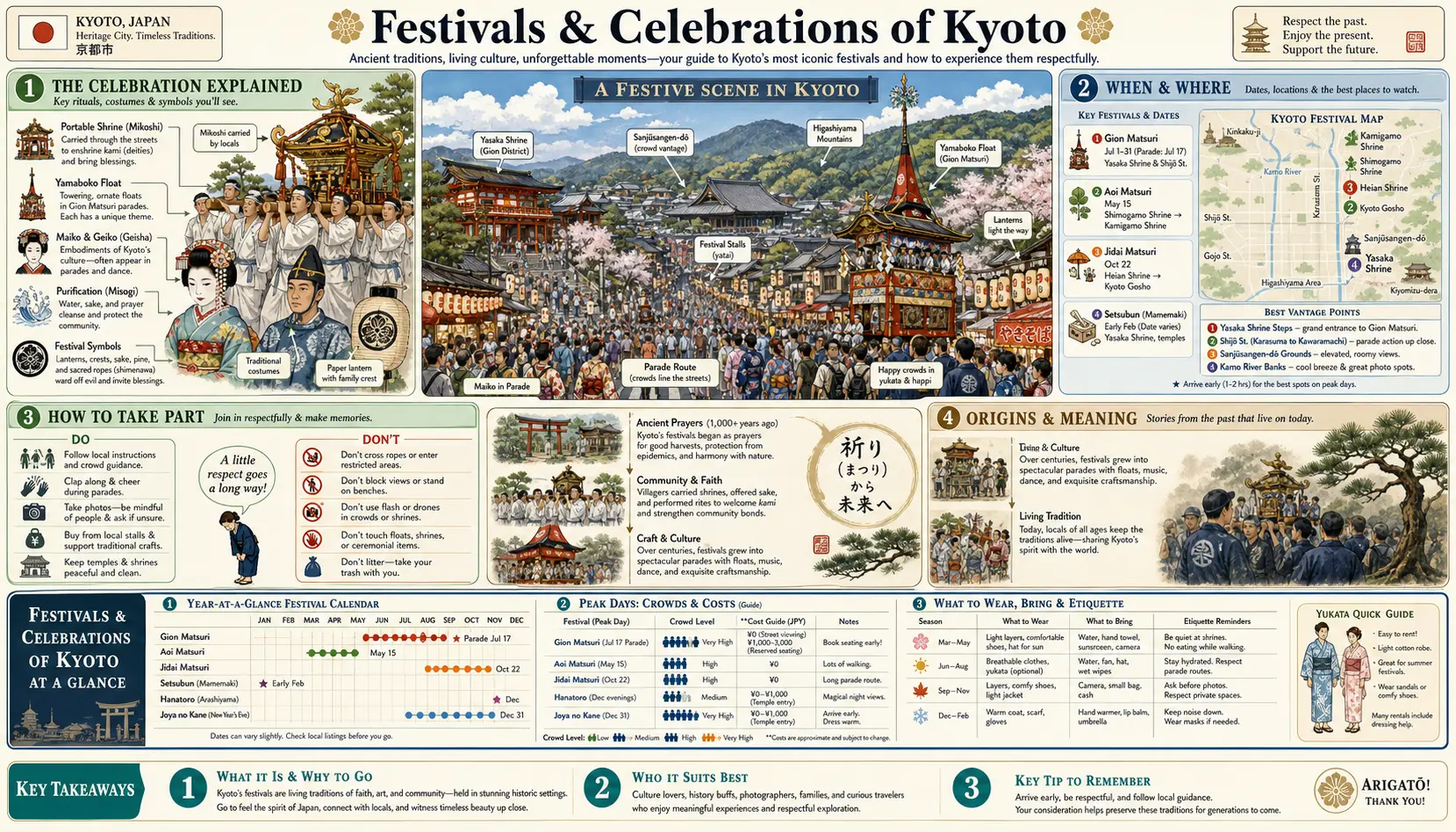 Infographic guide poster to Kyoto's festivals and celebrations — a festival scene, a when-and-where map, how-to-take-part etiquette, origins, and a year-at-a-glance festival calendar with crowd and etiquette charts