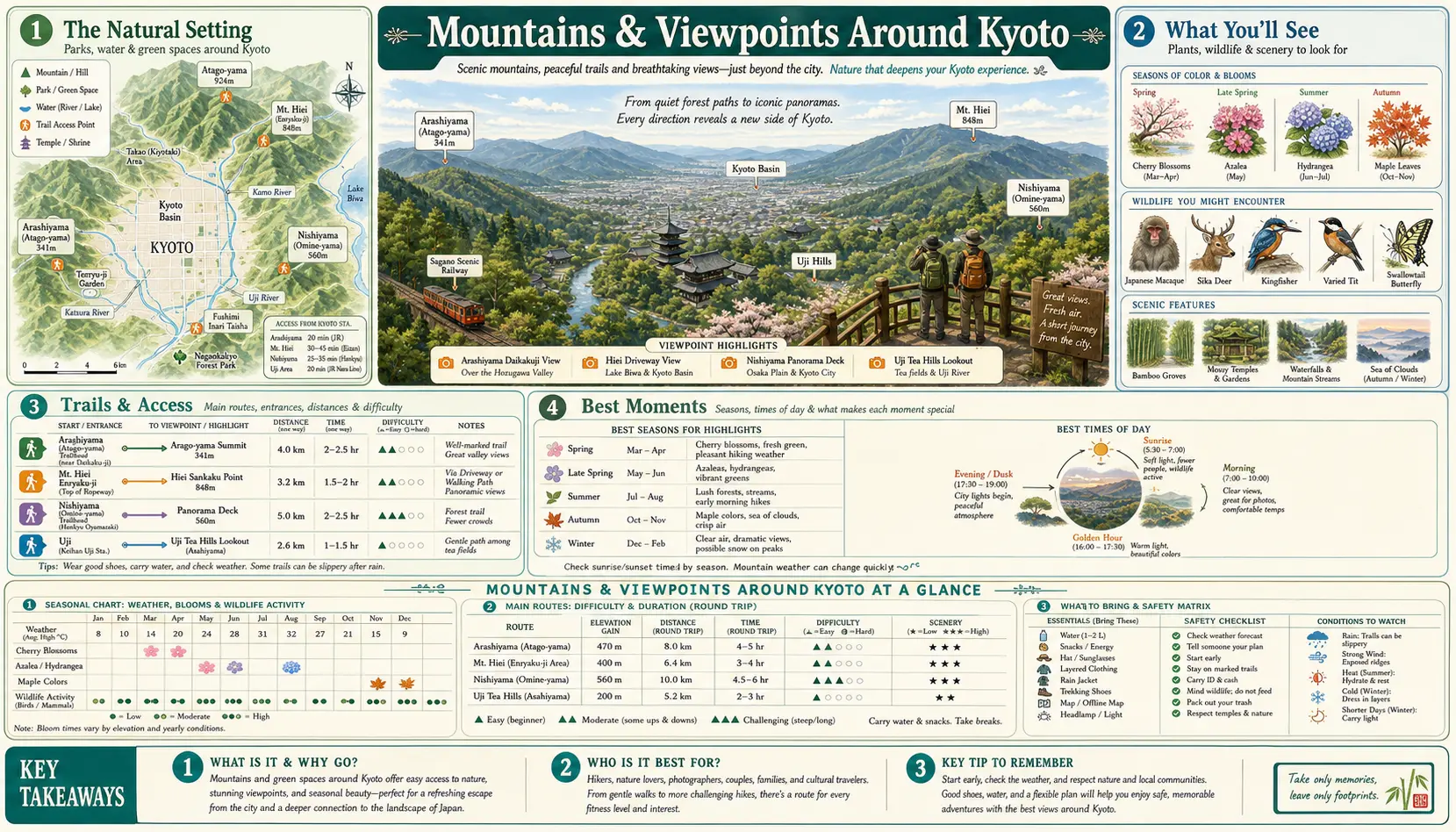 Infographic guide poster to the mountains and viewpoints around Kyoto — natural-setting map, a panorama of the Kyoto basin, wildlife and seasonal-colour charts, a trail-and-access table, and best-time diagrams