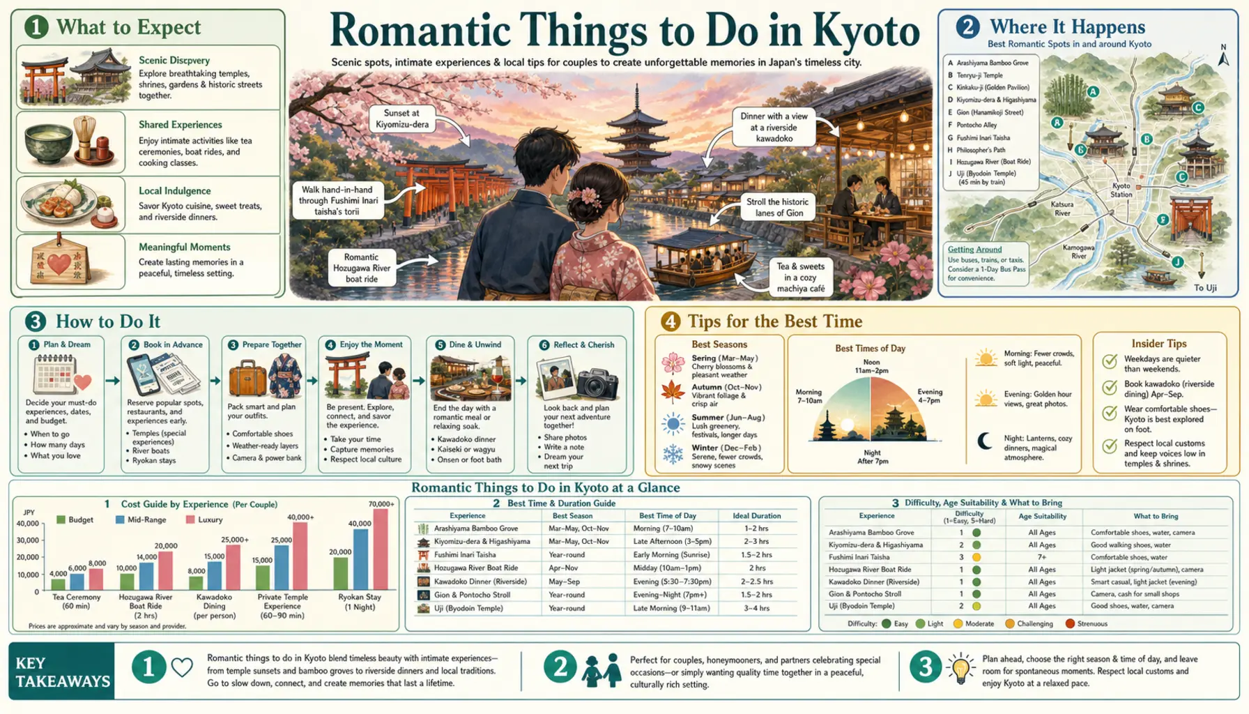 Travel infographic guide poster: Romantic Things to Do in Kyoto