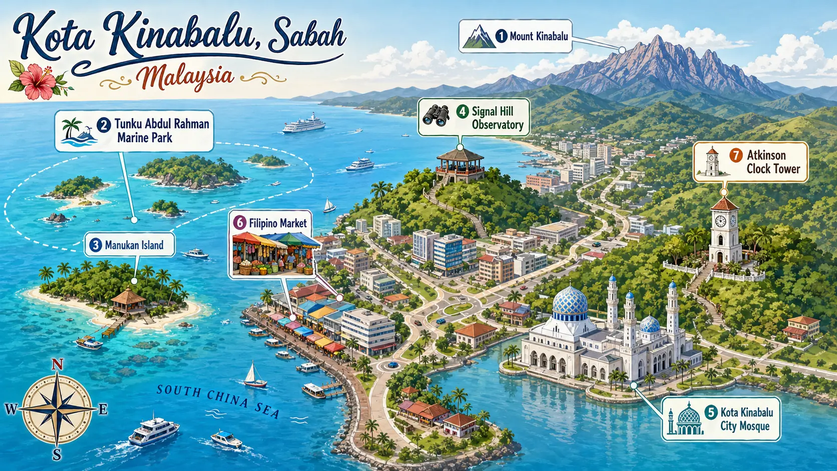 Illustrated tourist map of Kota Kinabalu and Sabah, Borneo, showing Mount Kinabalu, the islands, Sepilok and the Kinabatangan river