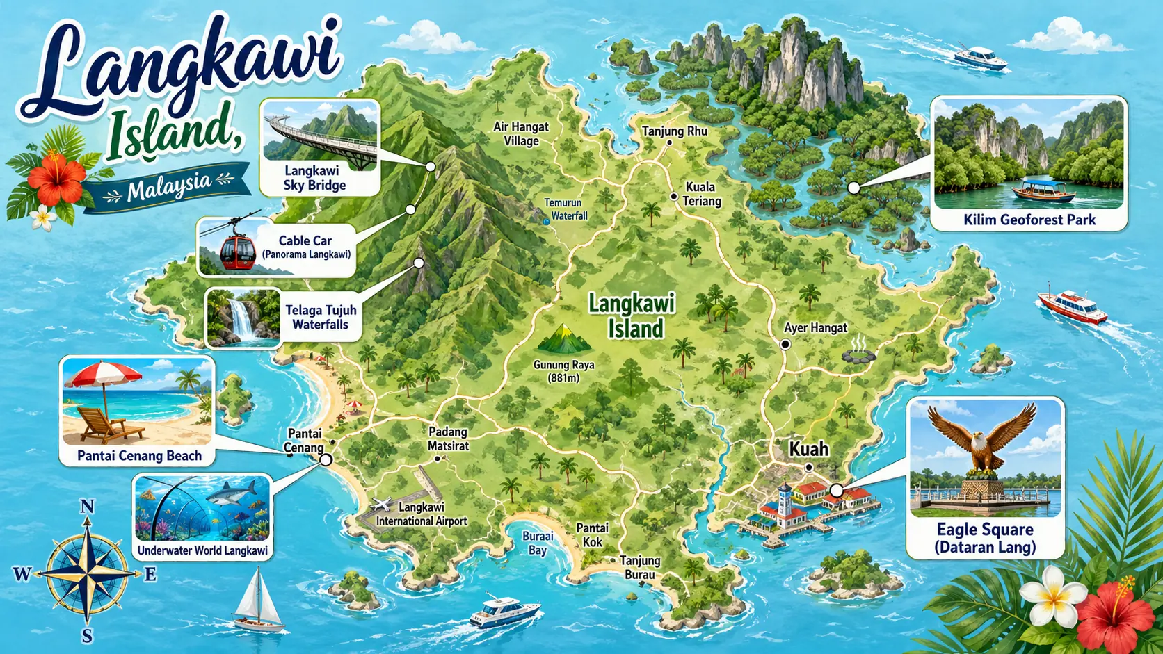 Illustrated tourist map of Langkawi Island showing the Sky Bridge and cable car, Pantai Cenang, the Kilim geopark and ferry routes