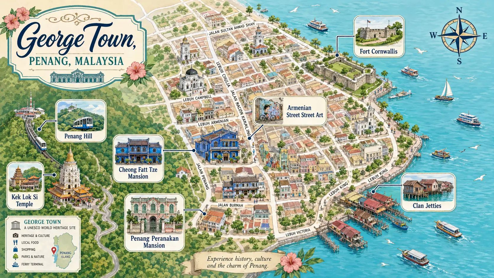Illustrated tourist map of George Town, Penang, showing the heritage shophouses, clan jetties, street art and Penang Hill