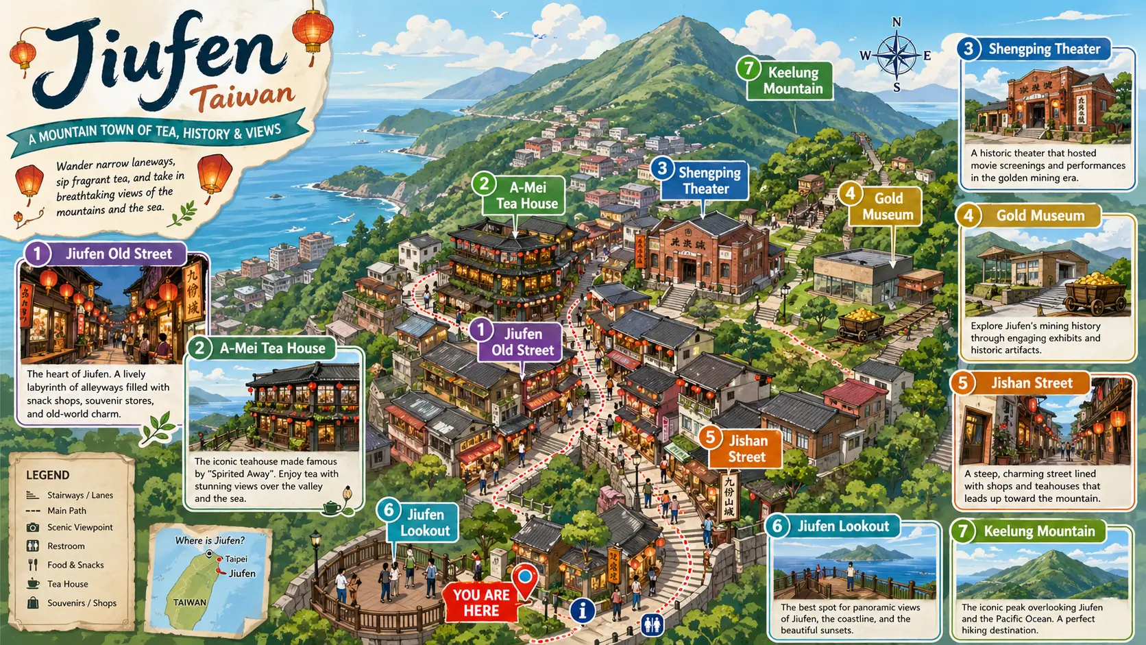 Illustrated tourist map of Jiufen showing the Old Street, teahouses, and the hillside above the sea
