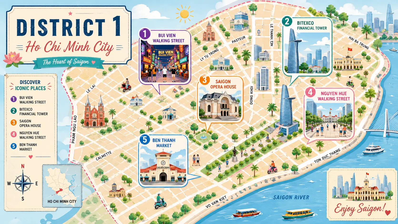 Tourist map of District 1 in Ho Chi Minh City — close-up of central landmarks and street layout