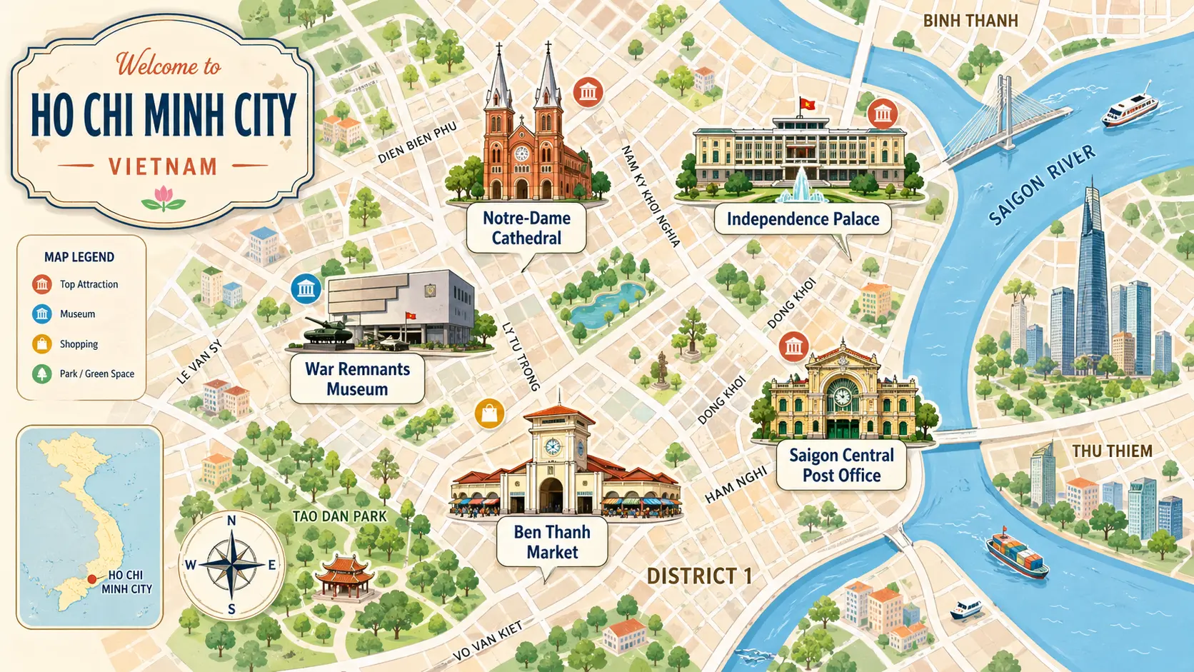 Tourist map of Ho Chi Minh City showing District 1 landmarks — Notre-Dame Cathedral, Reunification Palace, War Remnants Museum, Saigon Central Post Office, Ben Thanh Market