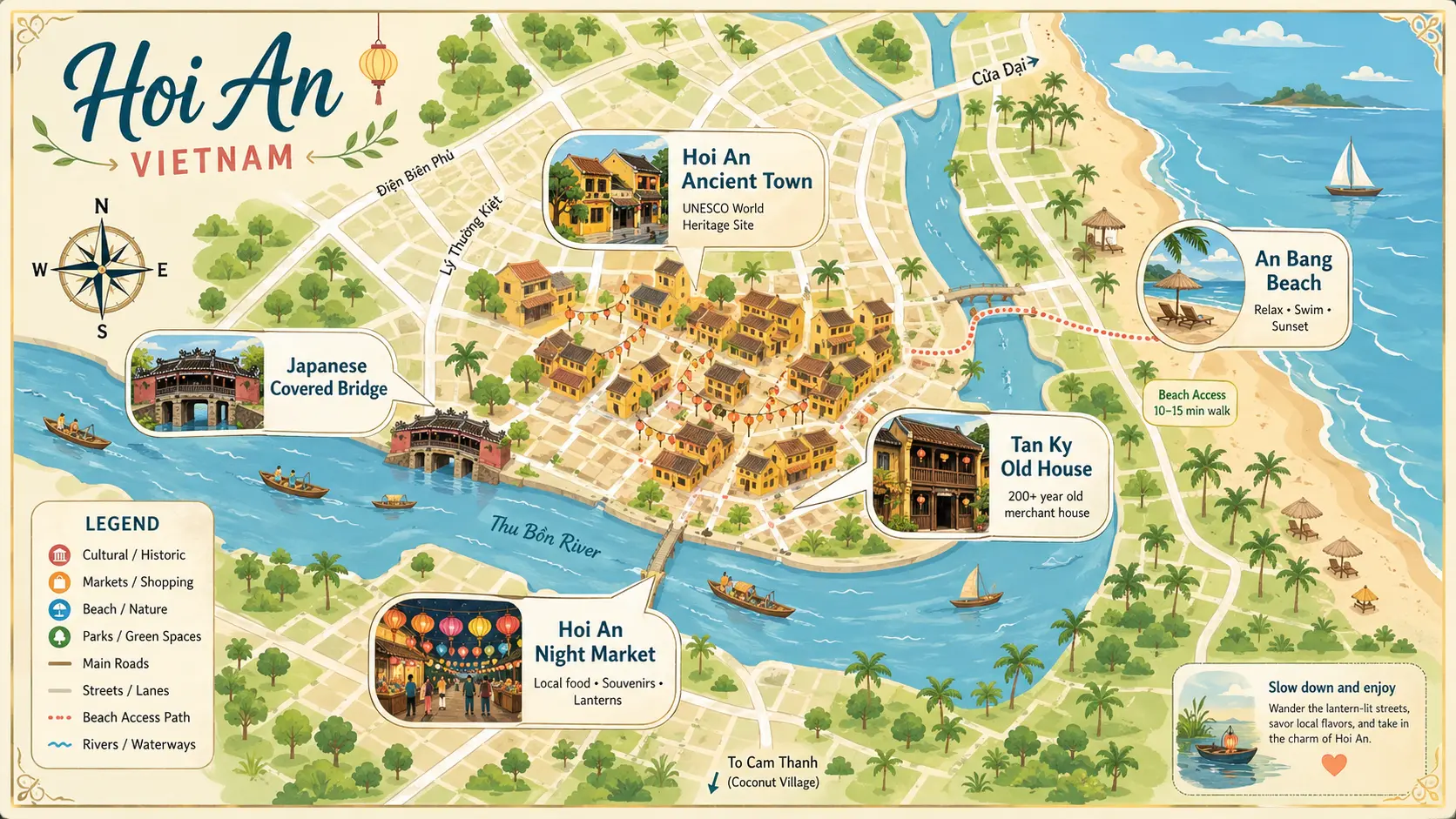 Tourist map of Hoi An Old Town &mdash; Japanese covered bridge, riverside lantern district, Chinese assembly halls, and An Bang beach