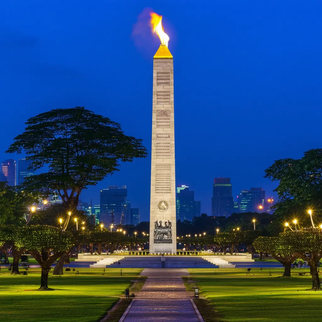 A tall white civic monument rising above a green city square in Indonesia, palms and paved plaza in the foreground under a blue sky