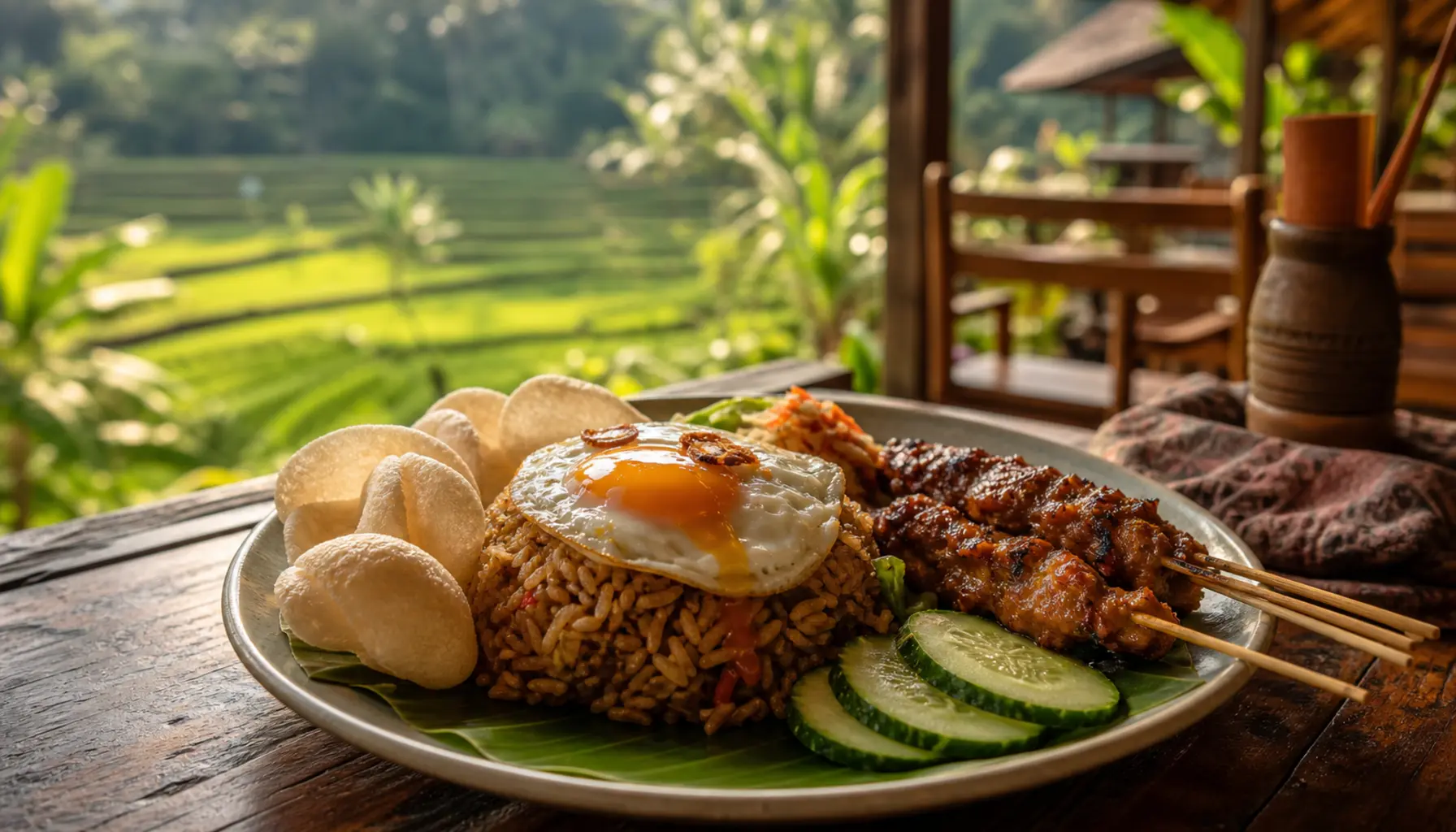 Plate of nasi goreng at a Balinese warung with a fried egg on top, prawn crackers and sambal on the side, banana-leaf table setting