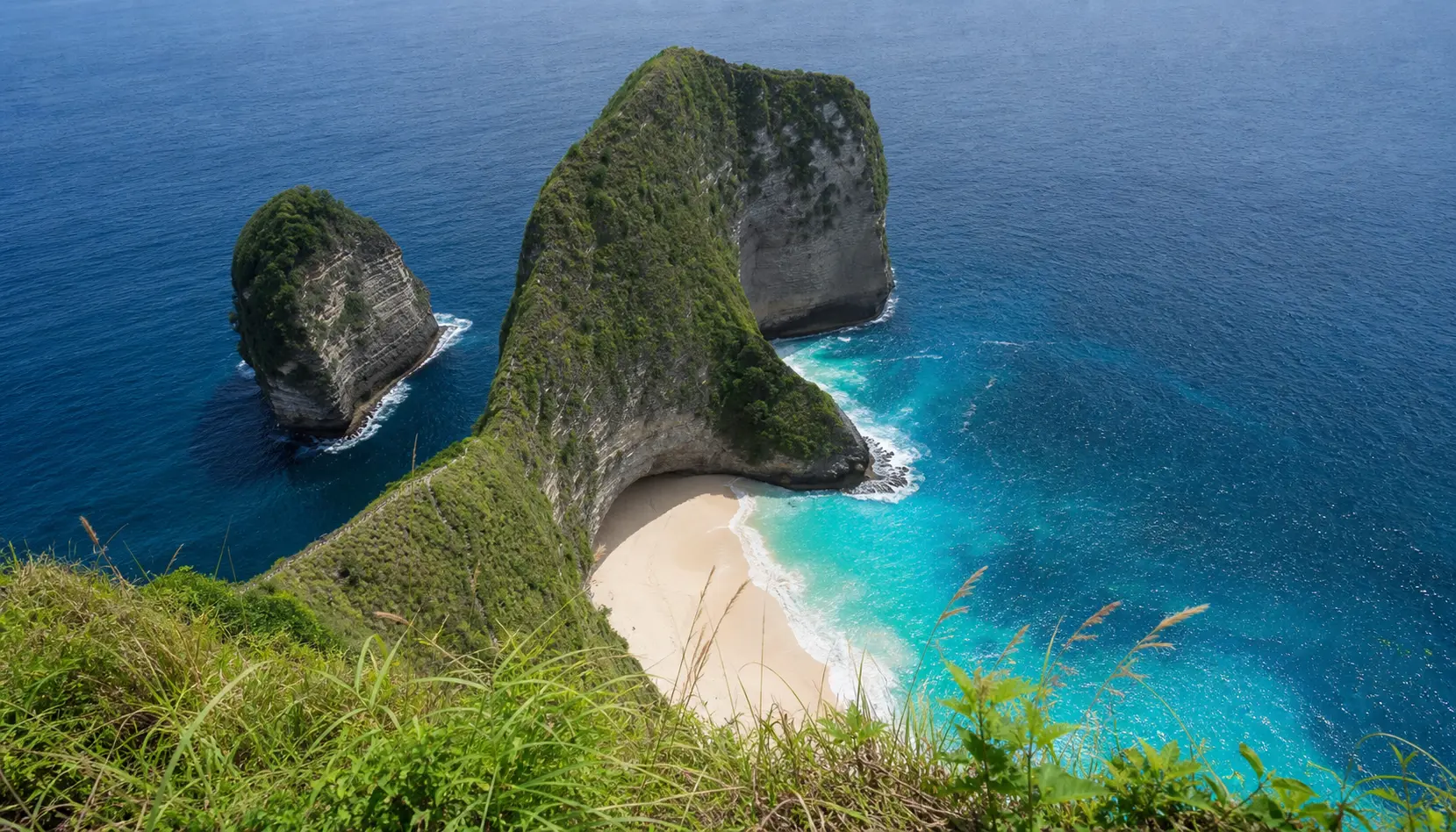 Kelingking Beach on Nusa Penida from the clifftop, a green headland shaped like a dinosaur's head above a curve of white sand and turquoise water