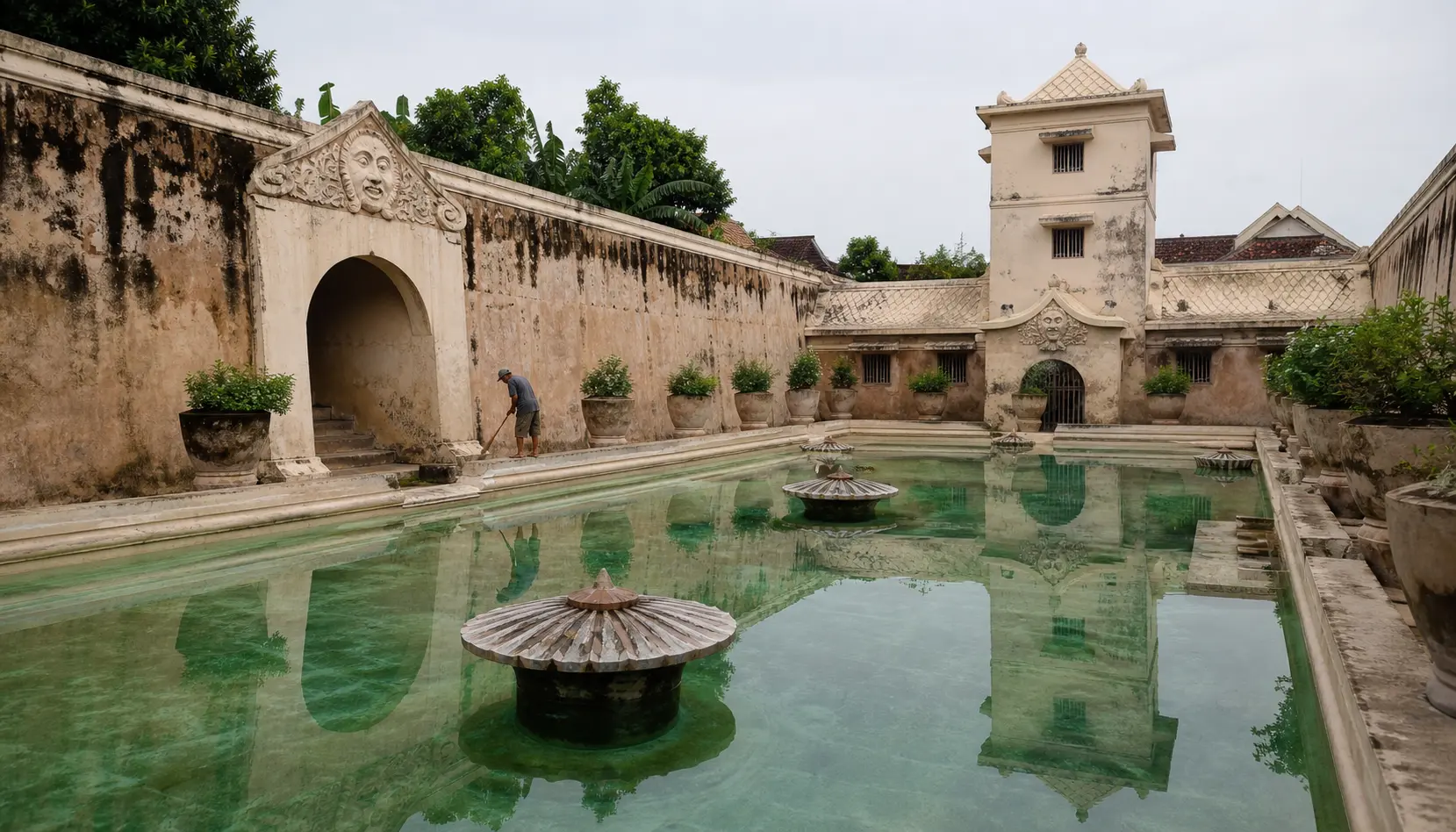 The restored bathing pools of Taman Sari water castle in Yogyakarta, turquoise water between white stone walls and arched pavilions under a blue sky