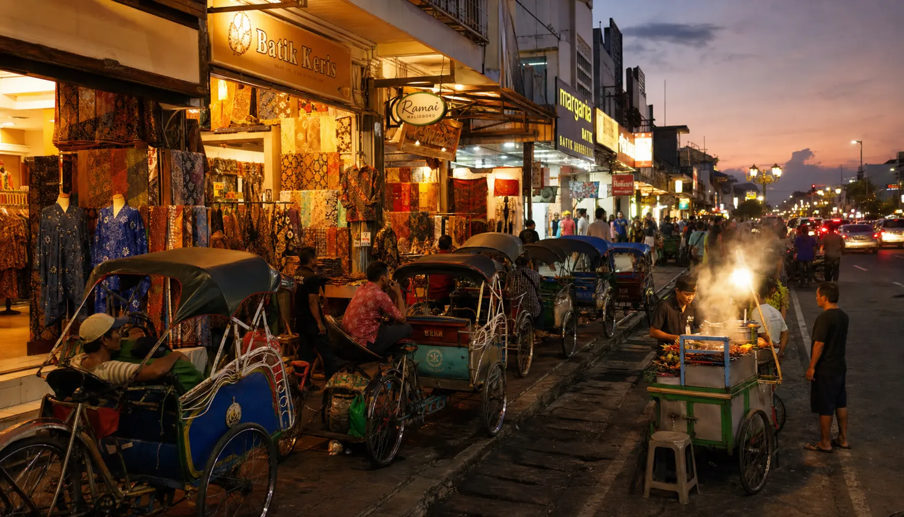 Malioboro Street in Yogyakarta in the evening, shopfronts and warm street lighting, becak cycle rickshaws parked along the wide pavement, crowds strolling
