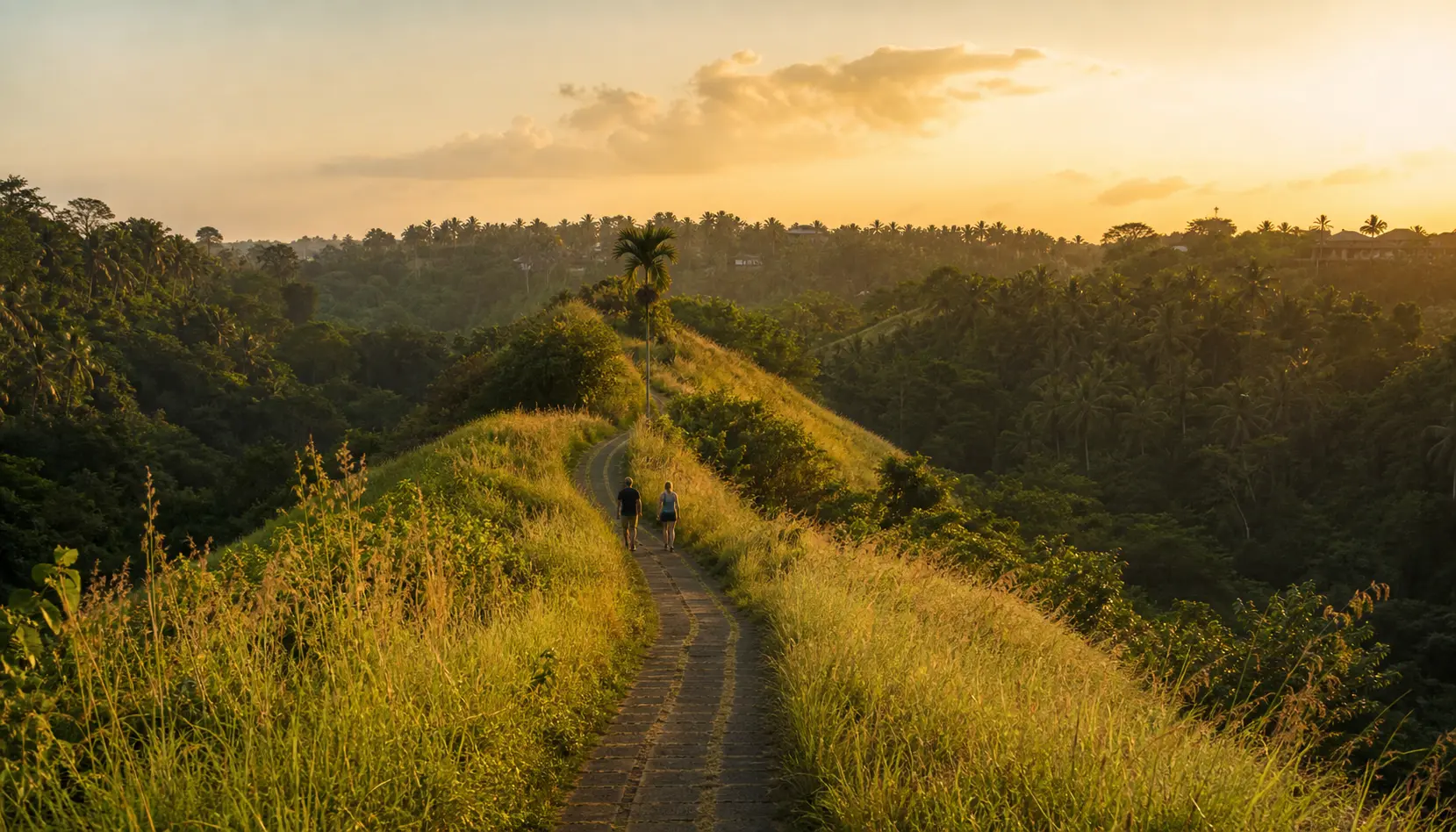 Grass ridge path running between two green river valleys near Ubud at sunrise, palm trees and tall grass either side, mist in the gorges below