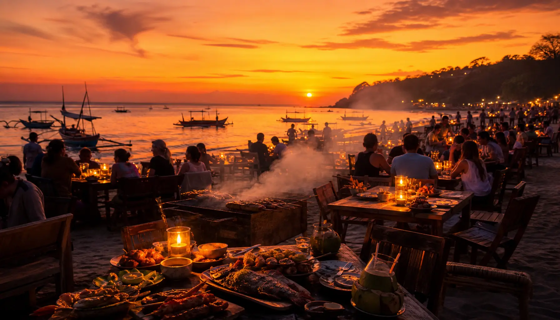 Tables set on the sand at Jimbaran bay at sunset, grilled seafood and candles, the sky orange over calm water