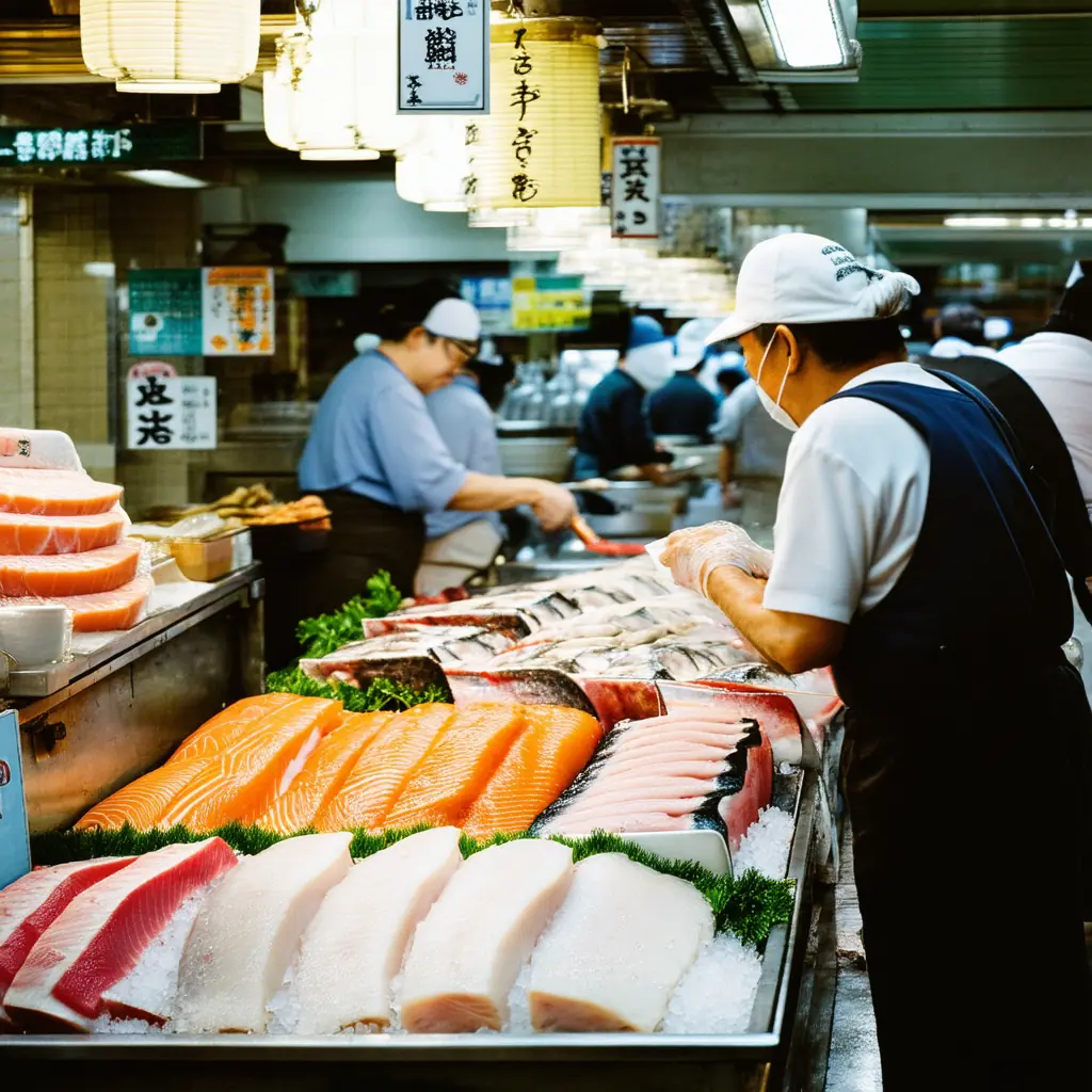 Kuromon Ichiba market in daytime, covered shopping arcade lined with seafood stalls and produce vendors, fresh tuna on ice, locals shopping