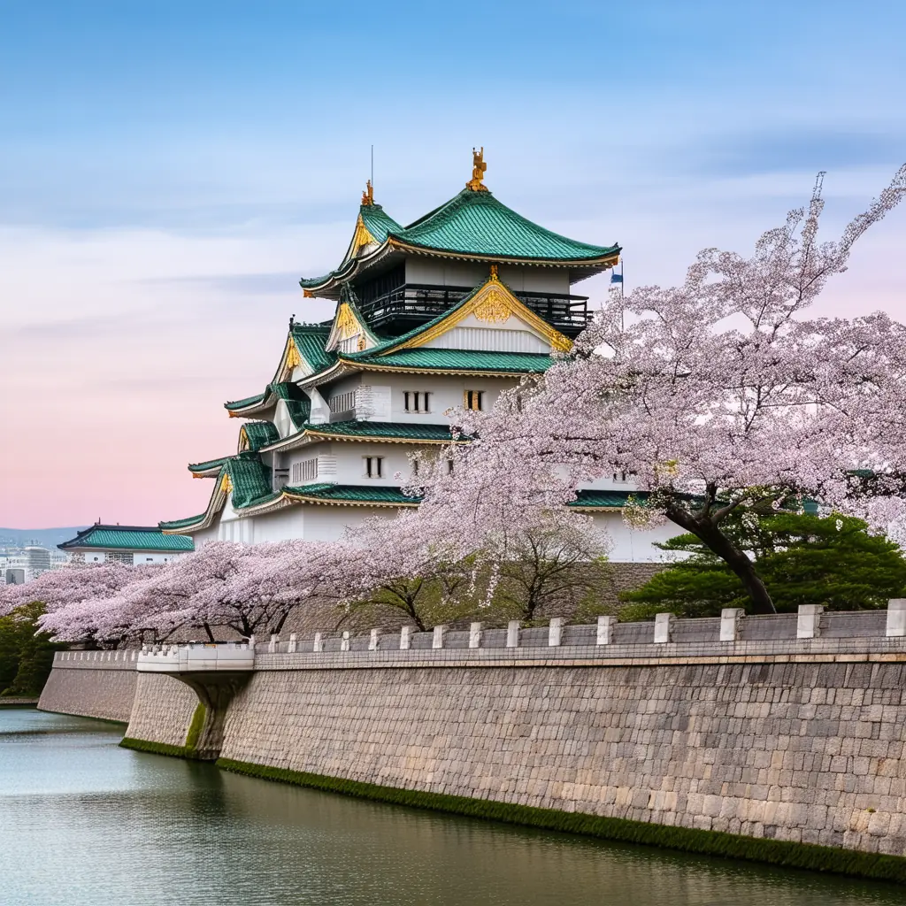 The white and green tiered fortress of Osaka Castle rising from a stone moat with blooming sakura trees in the foreground, pastel spring sky