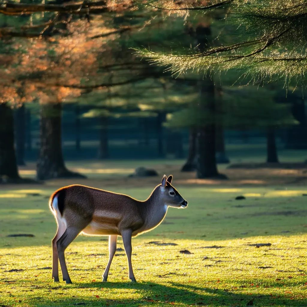 Gentle sika deer grazing on autumn grass in Nara Park at sunrise, soft golden mist between the trees