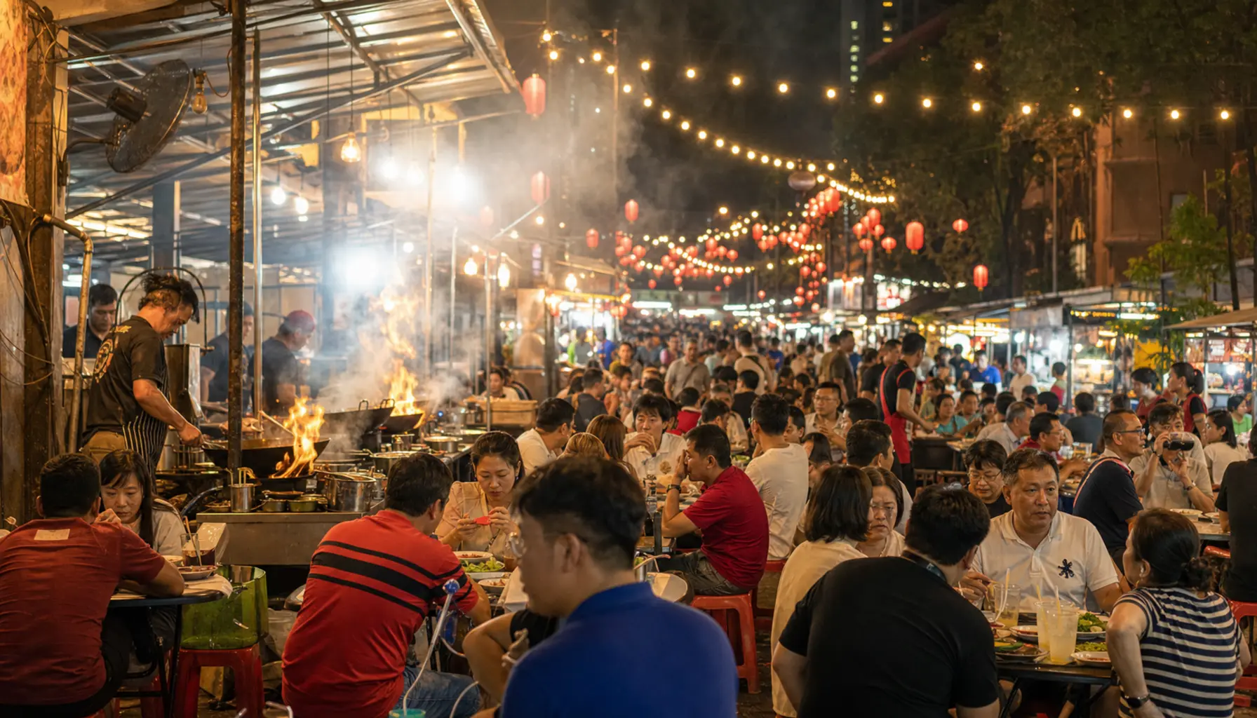 Jalan Alor food street in Kuala Lumpur at night, plastic tables filling the road, red lanterns and neon signs above smoking grills and seafood tanks