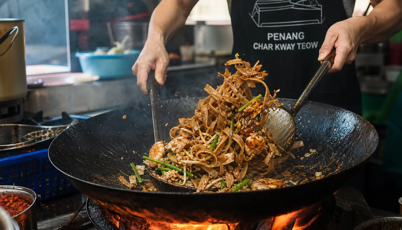 Plate of char koay teow in Penang, glossy flat rice noodles with prawns, cockles, egg and bean sprouts, wok-charred and served with chilli