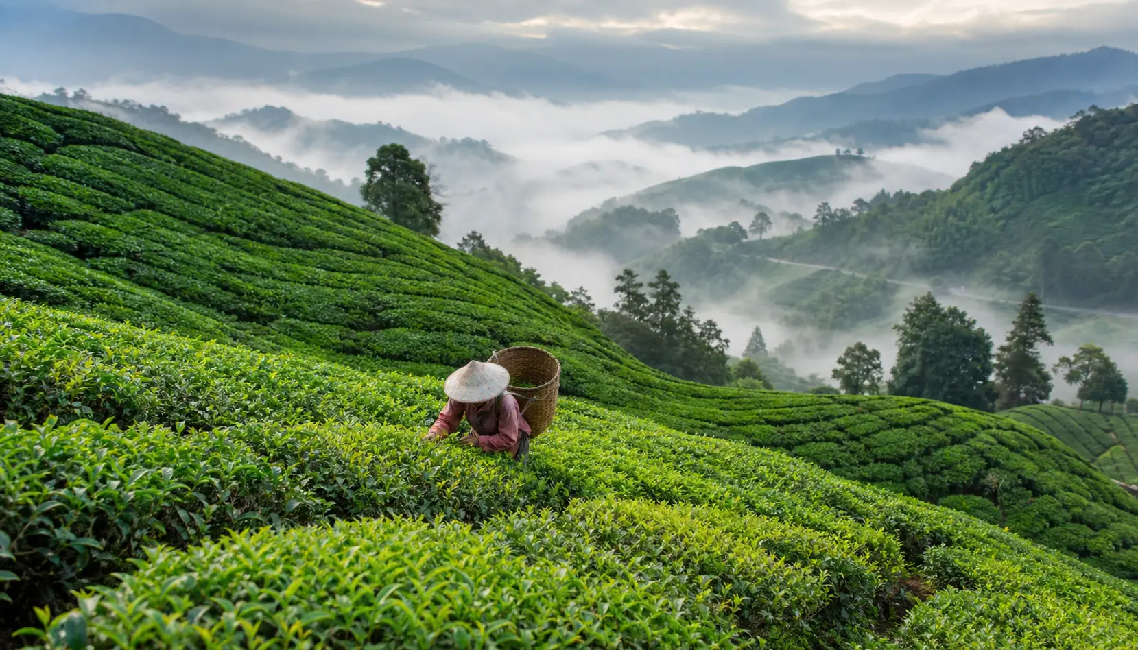 Rolling tea plantation hills in the Cameron Highlands, neat rows of bright green tea bushes contouring across steep slopes under cloud