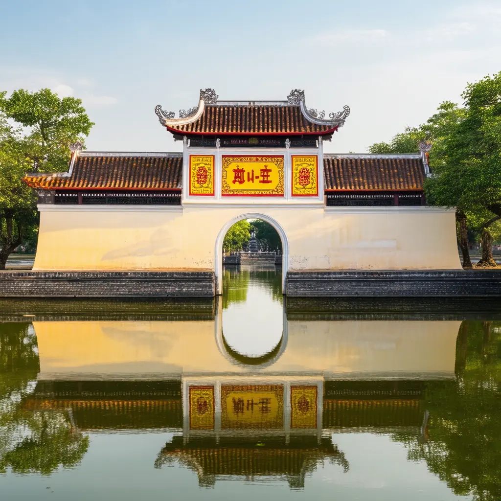 Hue Imperial City with the ornate Ngo Mon Gate of the Citadel reflected in a still moat, yellow and red imperial banners flying above traditional Nguyen dynasty architecture in soft morning light