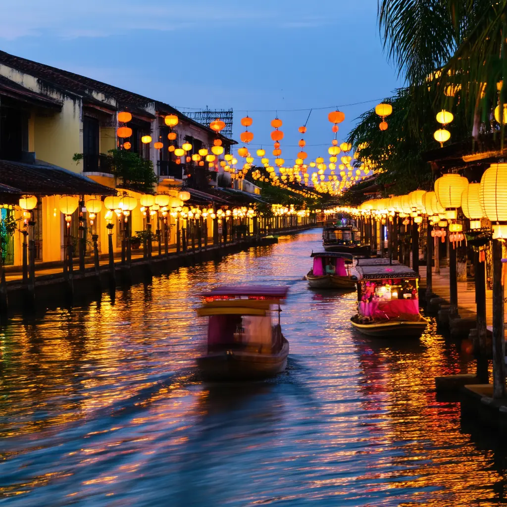 Hoi An Ancient Town at night with mustard-yellow heritage buildings hung with hundreds of glowing silk lanterns and lantern-lit boats on the Thu Bon River