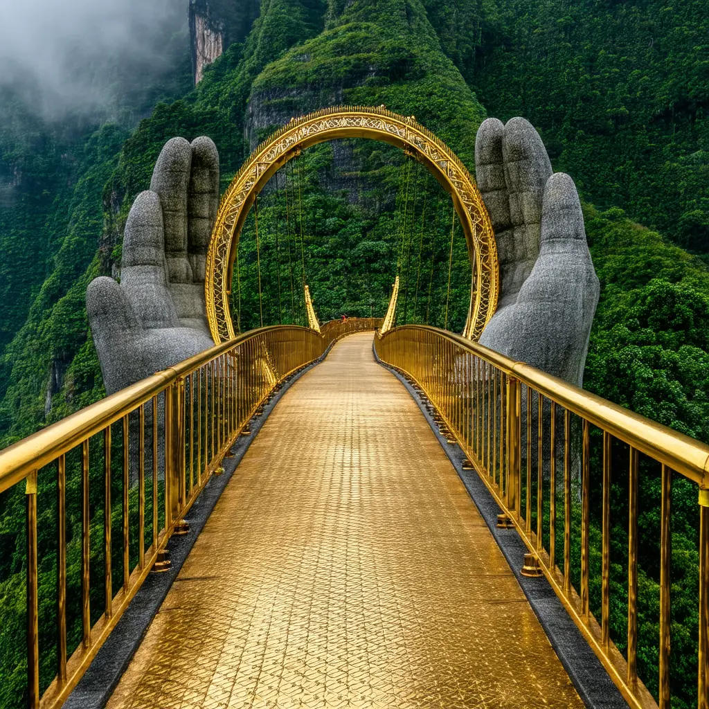 The Golden Bridge at Ba Na Hills, a curving golden walkway held aloft by two giant weathered stone hands emerging from forested mountains with mist swirling around the structure