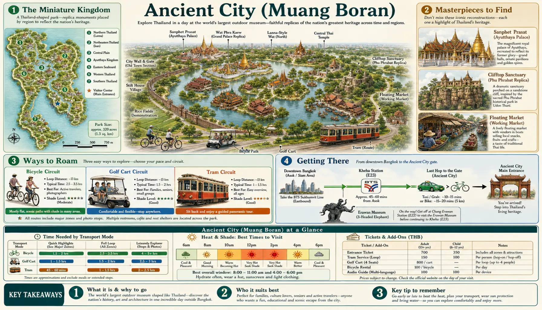 Travel infographic guide poster: Ancient City (Muang Boran) near Bangkok