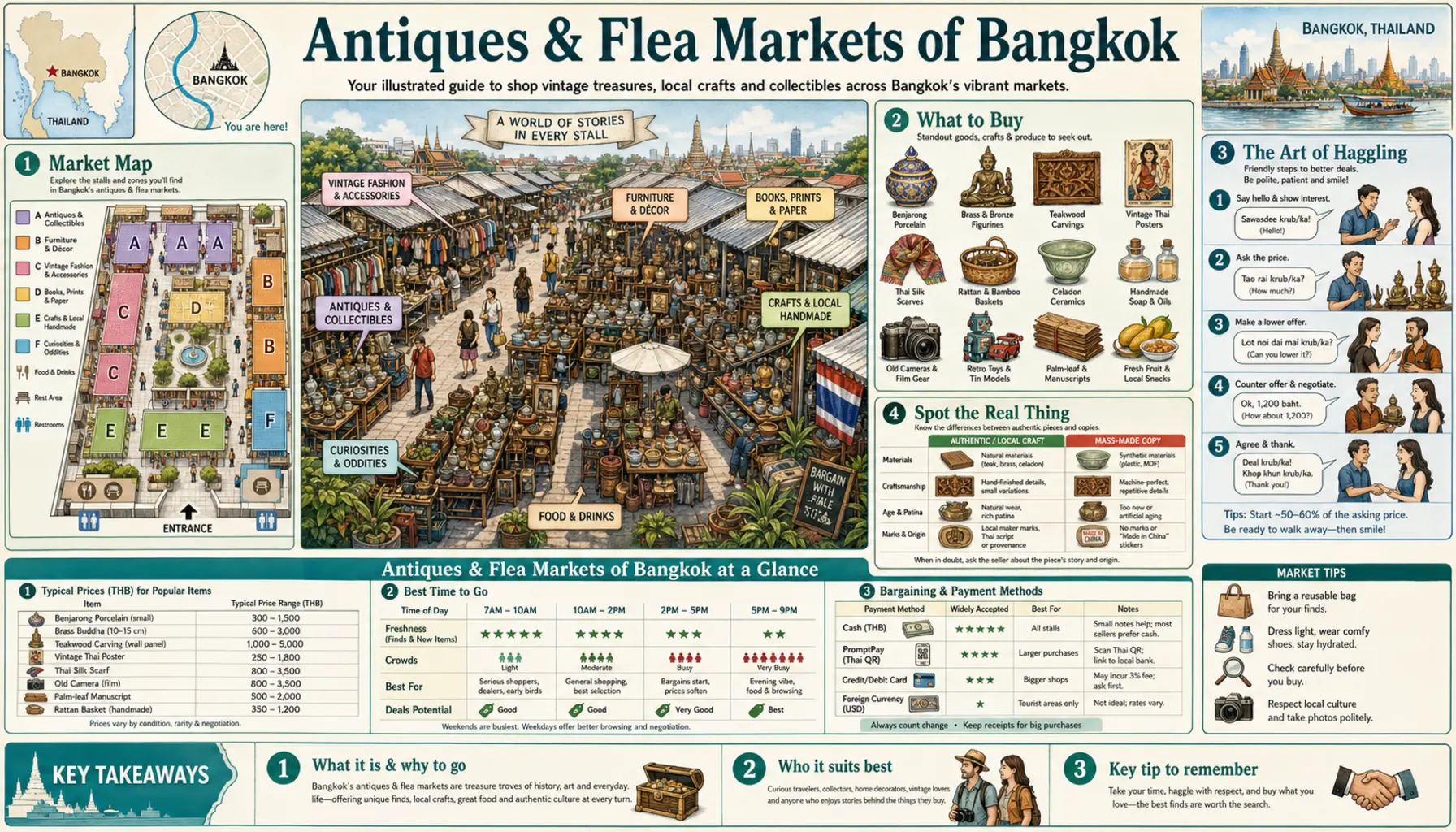 Travel infographic guide poster: Antiques and Flea Markets in Bangkok