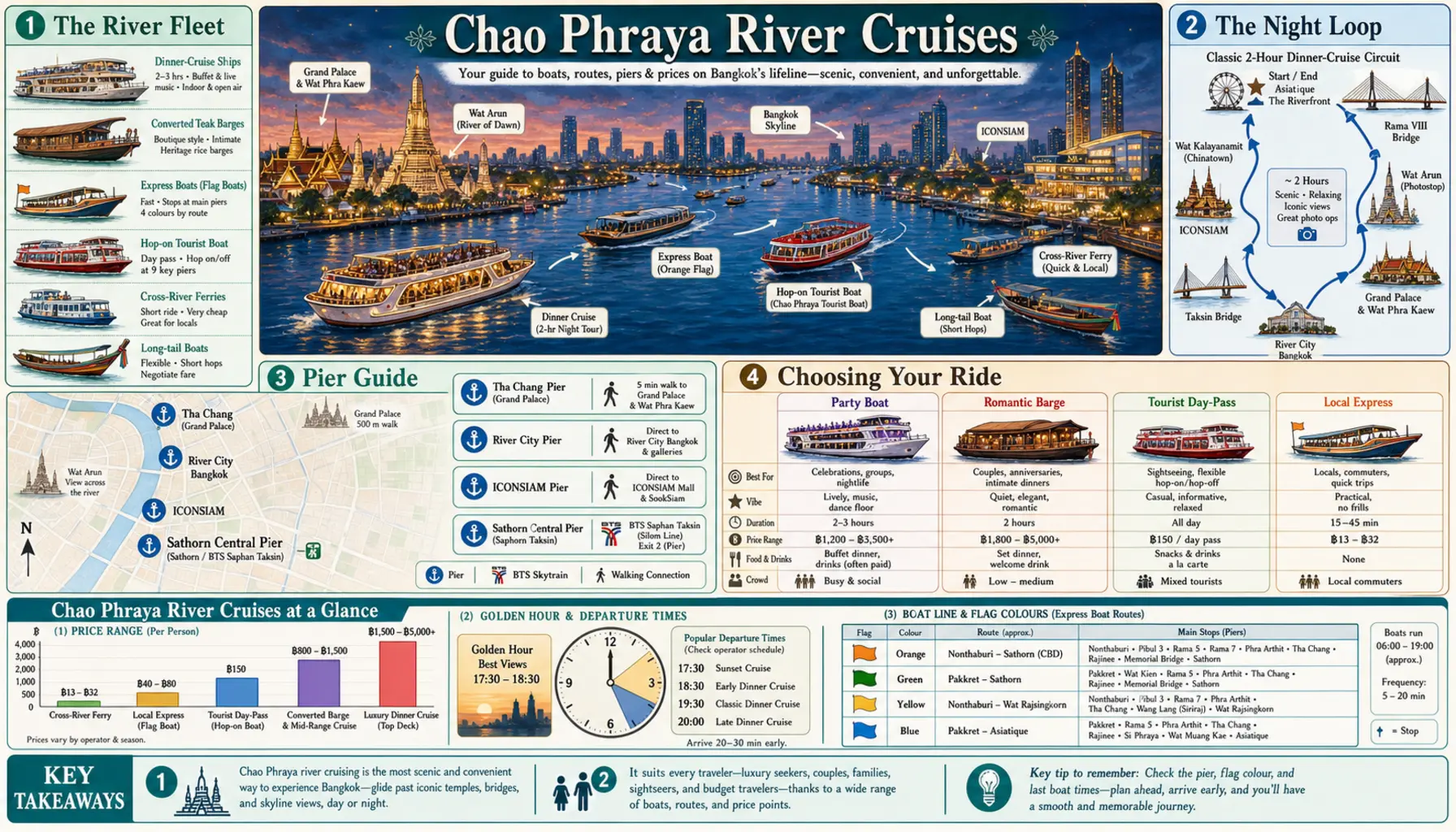 Travel infographic guide poster: Chao Phraya River Cruises in Bangkok