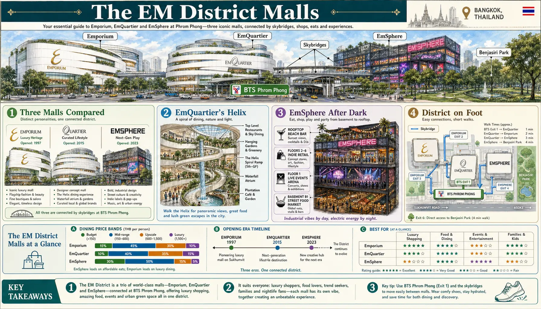 Travel infographic guide poster: The EM District Malls in Bangkok
