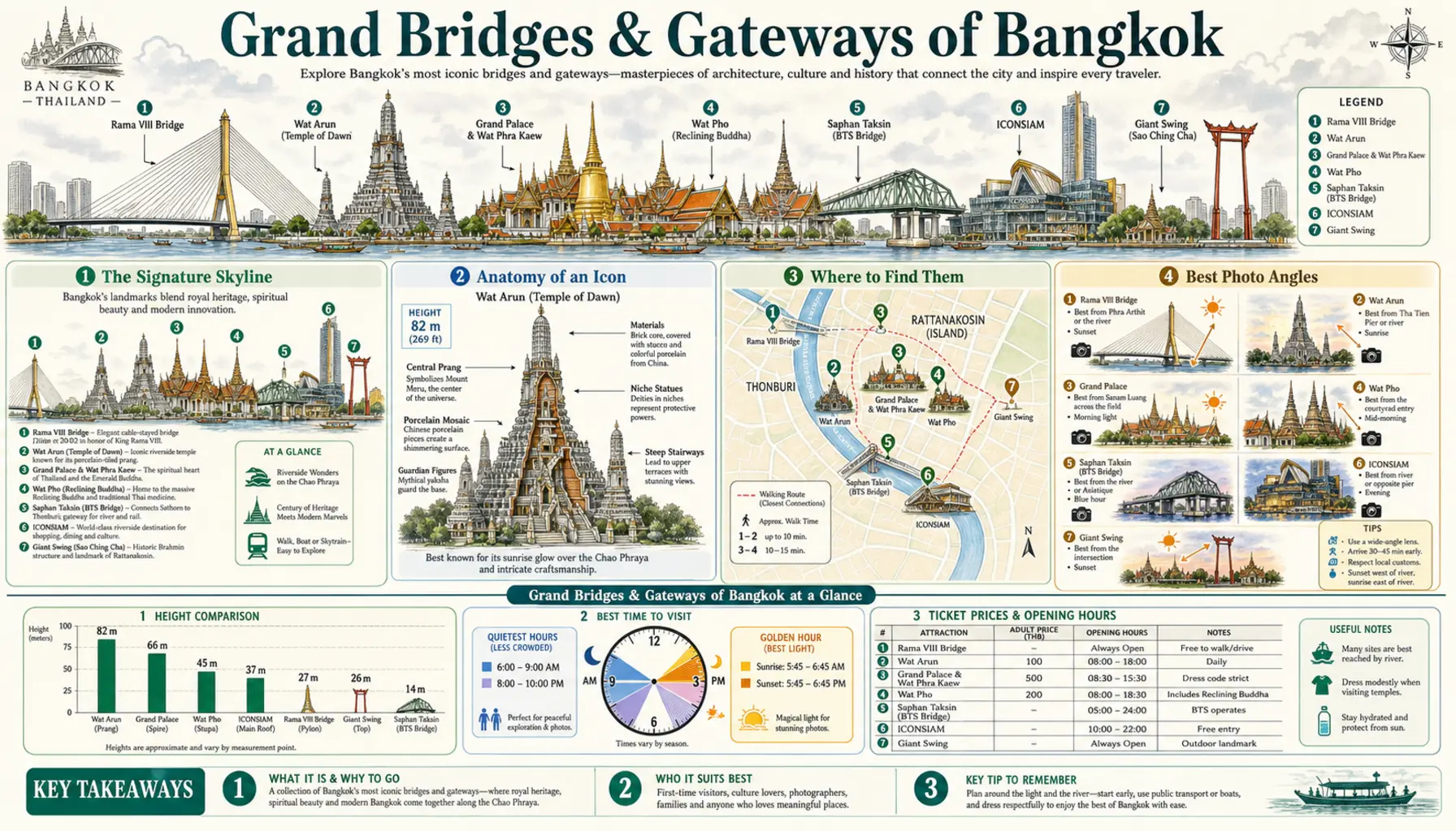 Travel infographic guide poster: Grand Bridges and Gateways in Bangkok