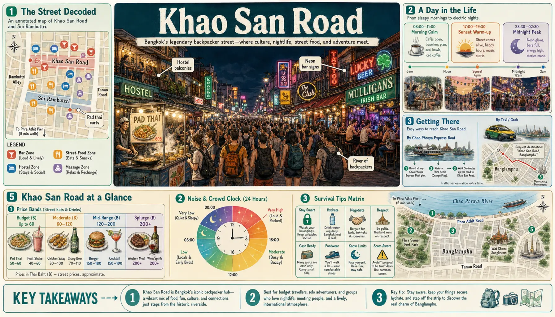 Travel infographic guide poster: Khao San Road in Bangkok