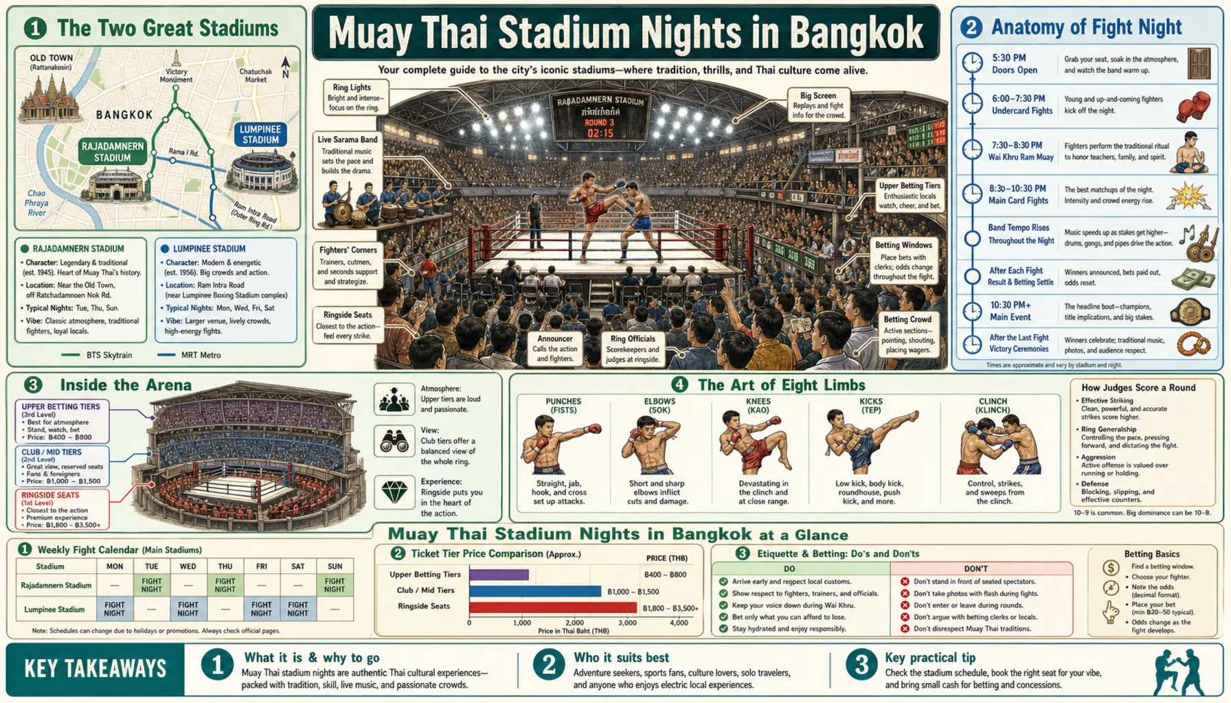 Travel infographic guide poster: Muay Thai Stadium Nights in Bangkok
