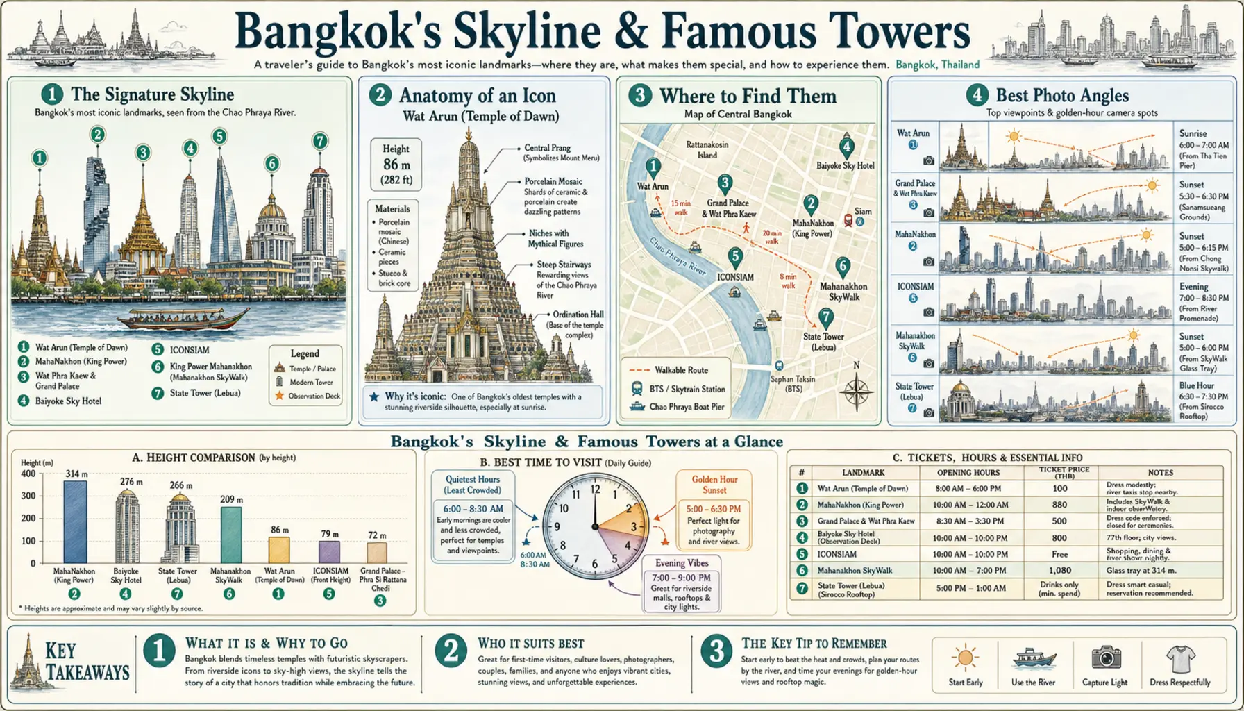 Travel infographic guide poster: Skyline and Famous Towers in Bangkok