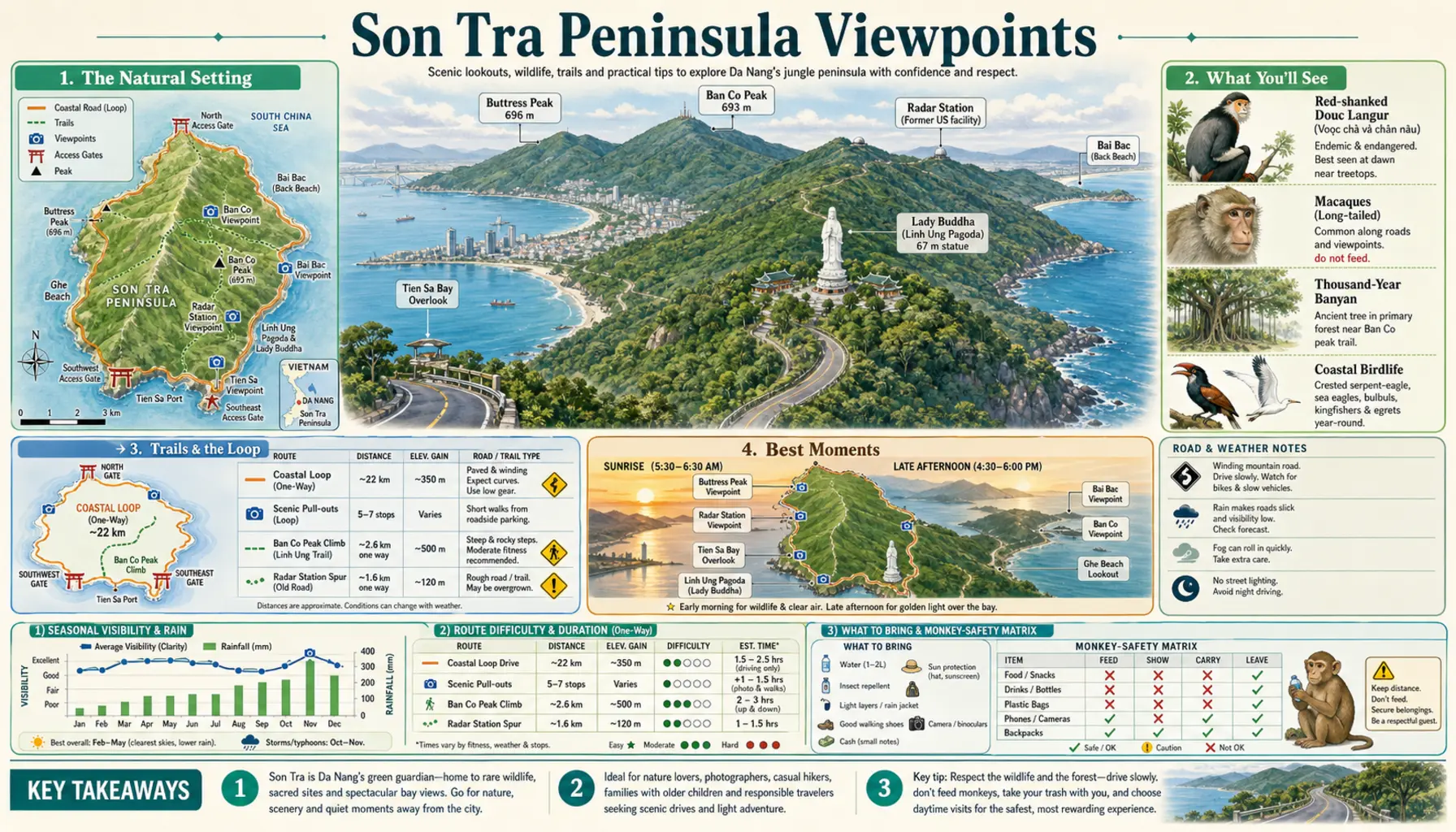 Travel infographic guide poster: Son Tra Peninsula Viewpoints in Da Nang