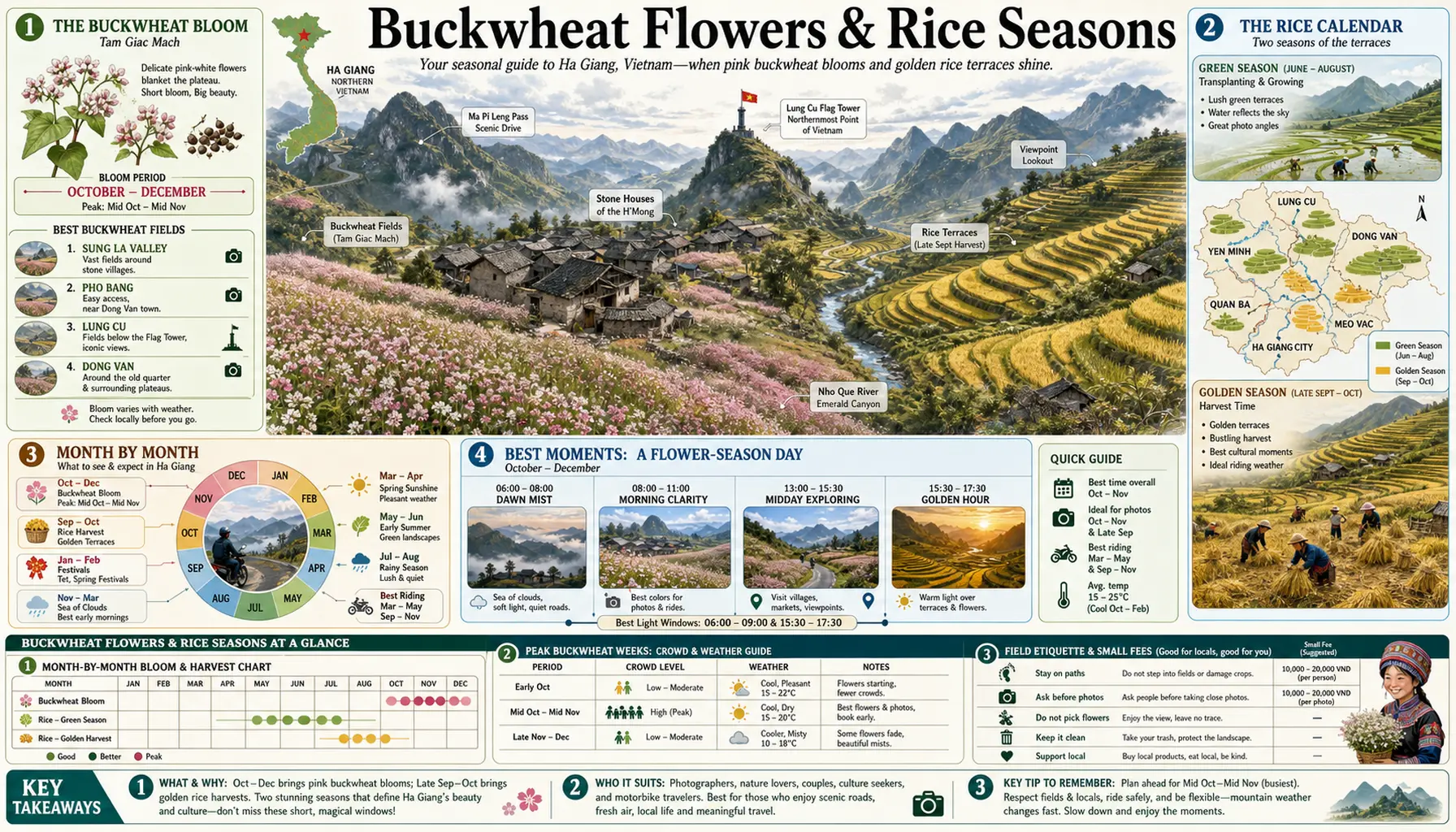 Travel infographic guide poster: Buckwheat Flowers & Rice Seasons on the Ha Giang Loop