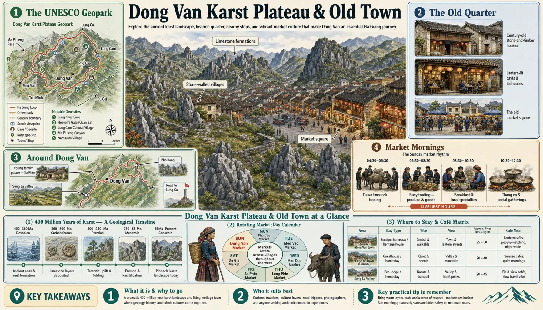 Travel infographic guide poster: Dong Van Karst Plateau & Old Town on the Ha Giang Loop