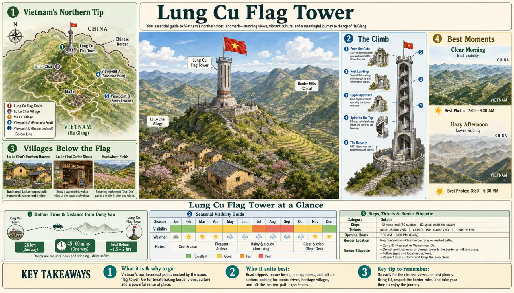 Travel infographic guide poster: Lung Cu Flag Tower on the Ha Giang Loop