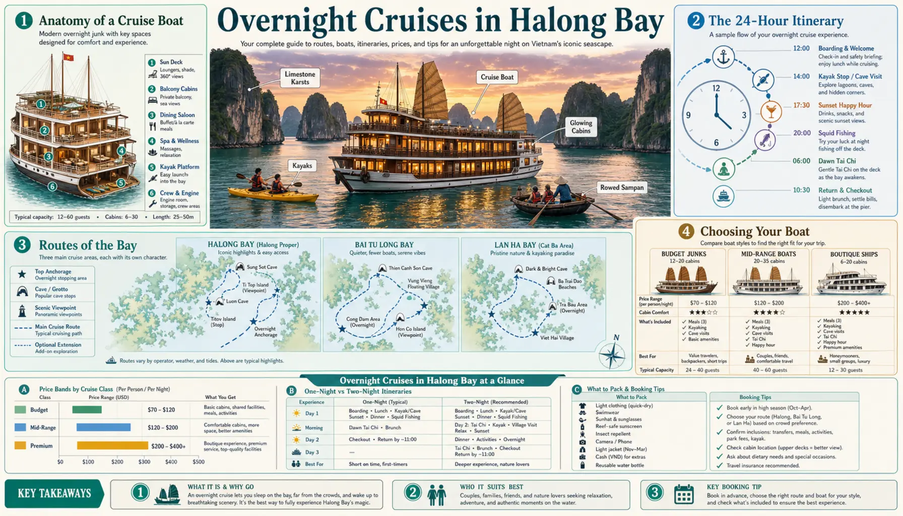 Travel infographic guide poster: Overnight Cruises in Halong Bay