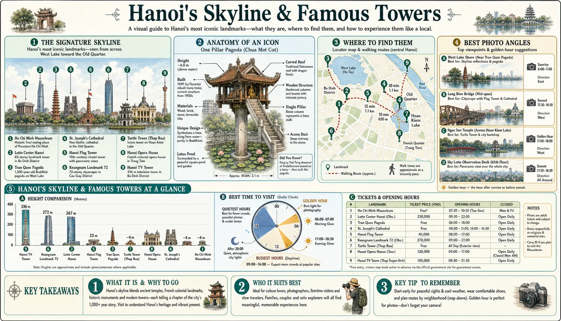 Infographic guide poster to Hanoi's skyline and famous towers — labeled skyline from West Lake, tower height comparison, locator map, best viewpoints, and opening-hours tables