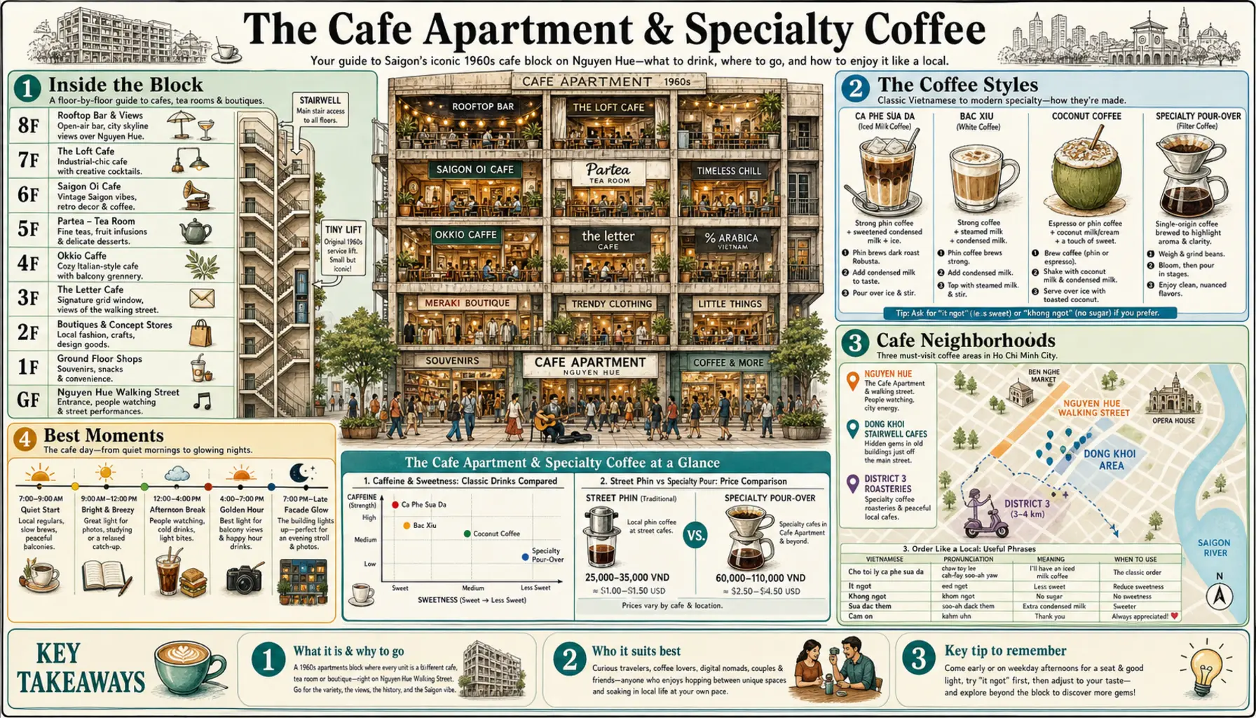 Travel infographic guide poster: Cafe Apartment & Specialty Coffee in Ho Chi Minh City