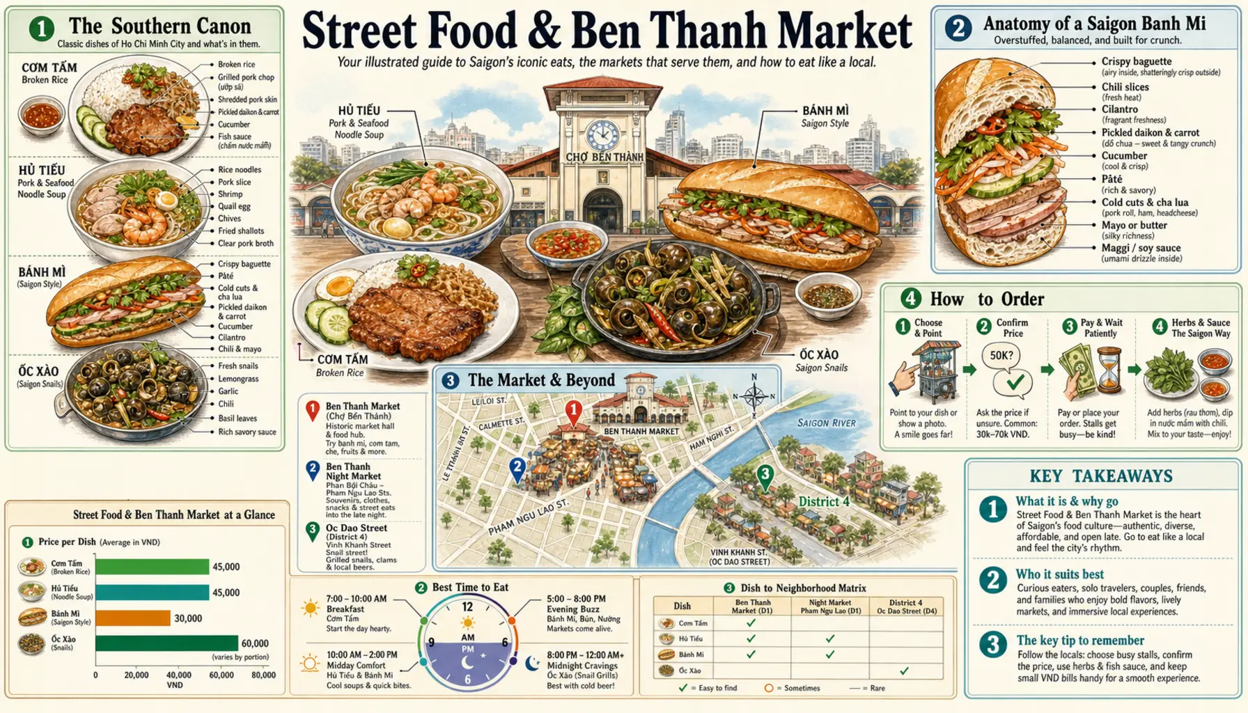 Travel infographic guide poster: Street Food & Ben Thanh Market in Ho Chi Minh City