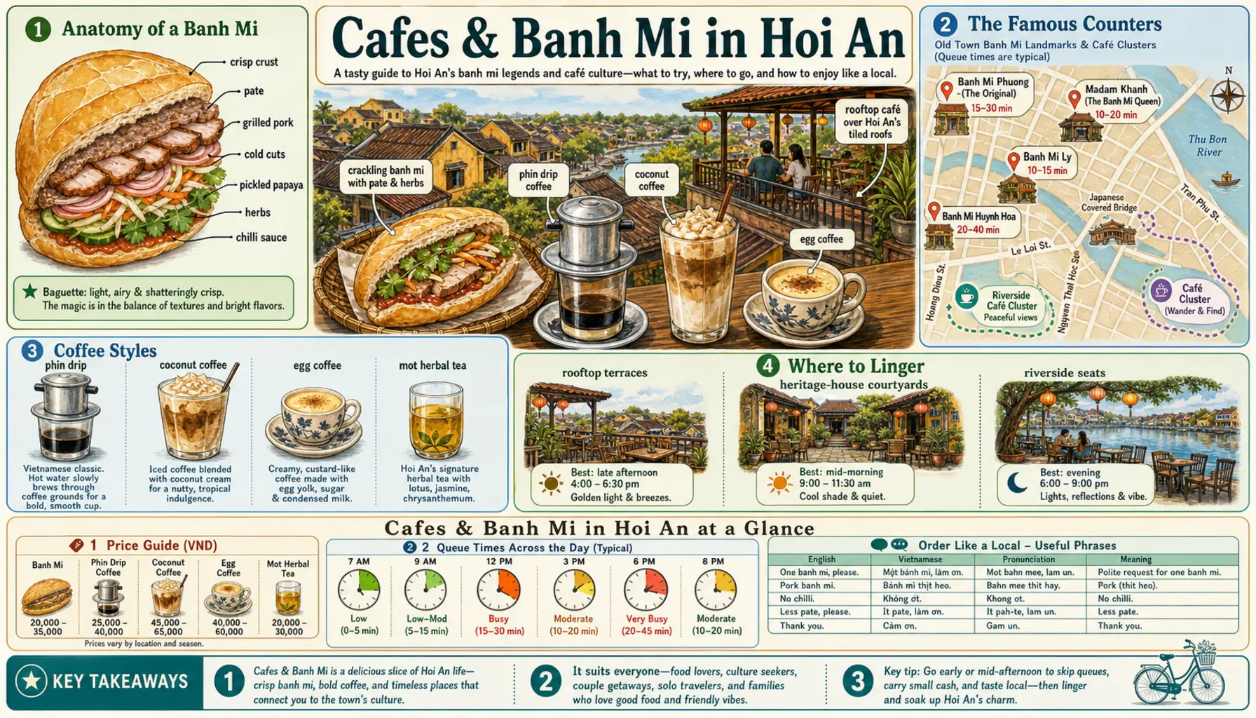 Travel infographic guide poster: Cafes & Banh Mi in Hoi An