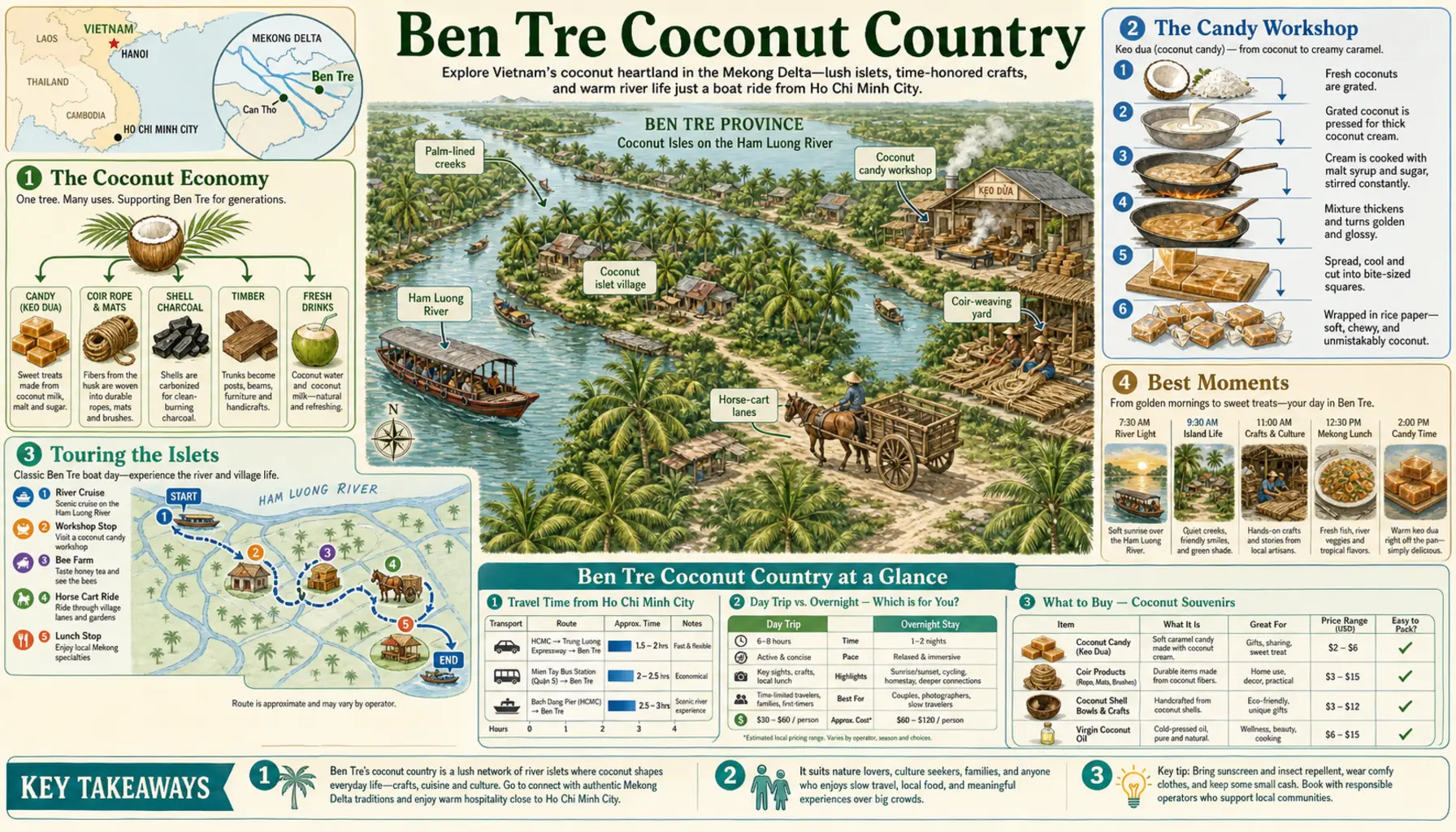 Travel infographic guide poster: Ben Tre Coconut Country in the Mekong Delta