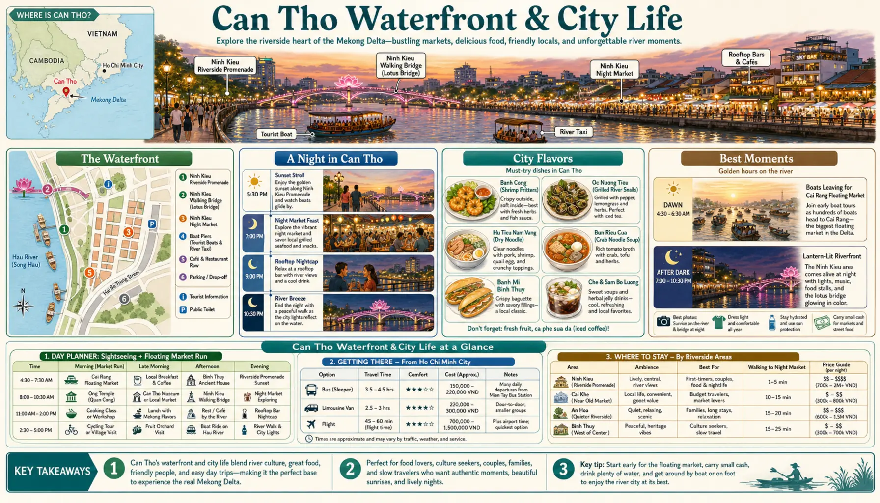 Travel infographic guide poster: Can Tho Waterfront & City Life in the Mekong Delta