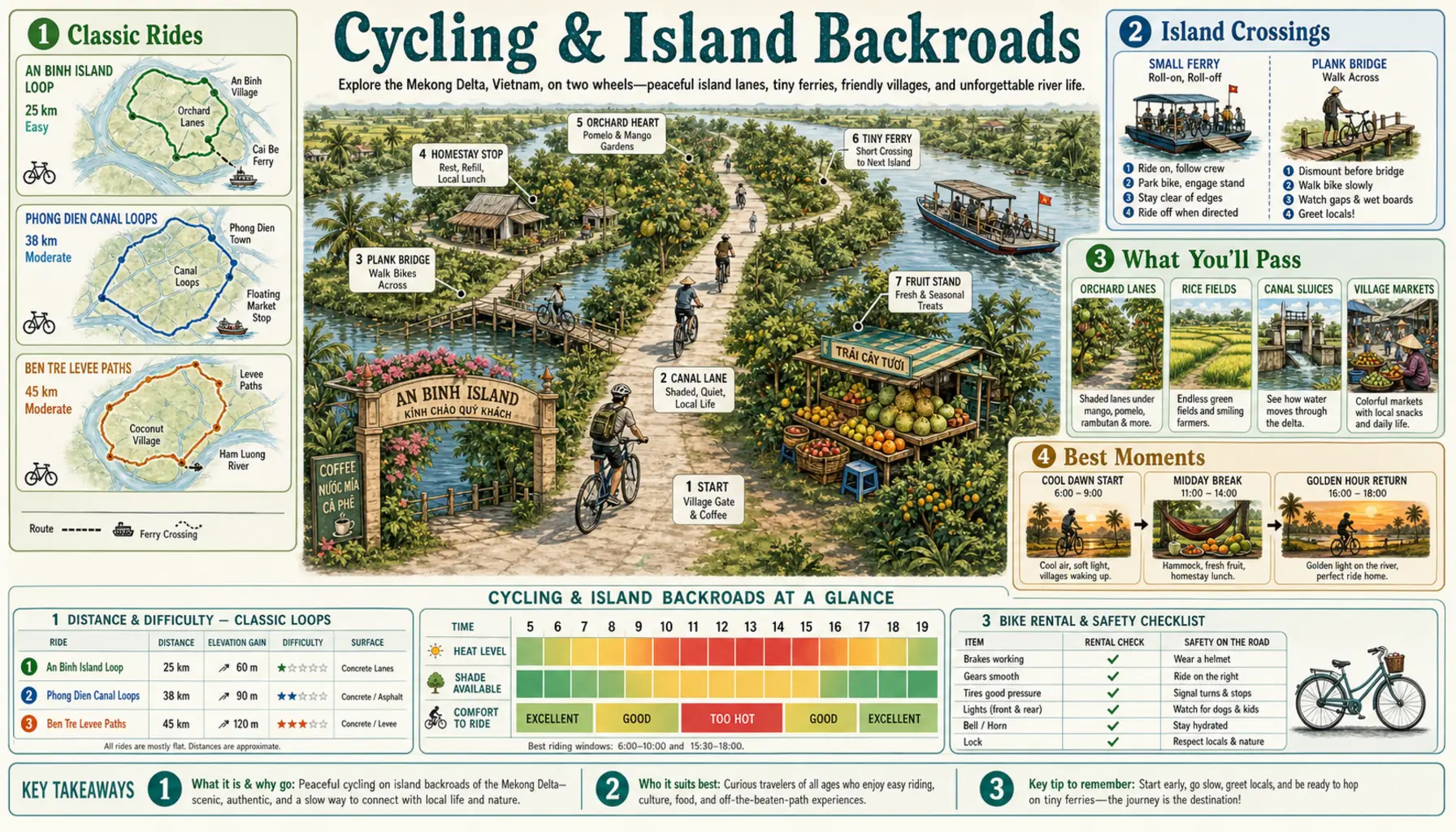 Travel infographic guide poster: Cycling & Island Backroads in the Mekong Delta
