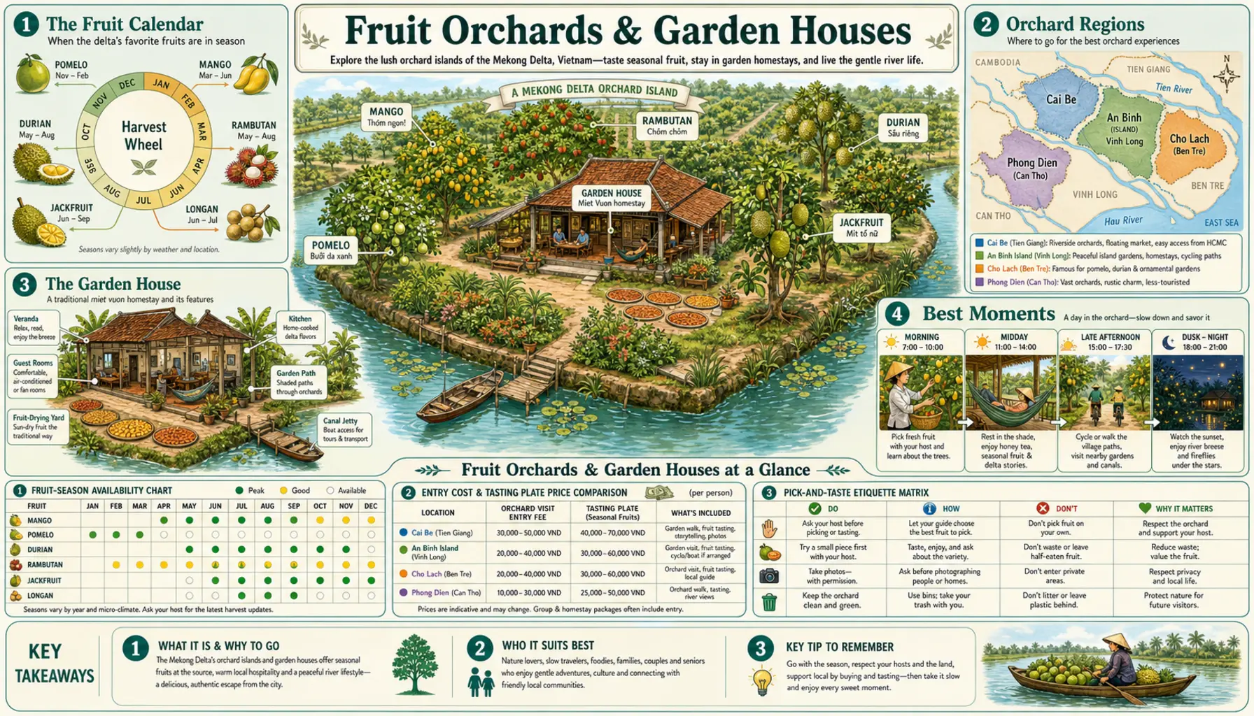 Travel infographic guide poster: Fruit Orchards & Garden Houses in the Mekong Delta