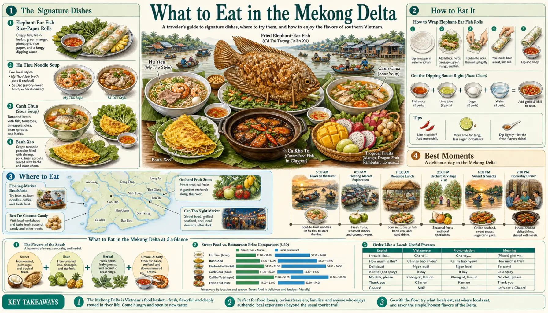 Travel infographic guide poster: What to Eat in the Mekong Delta