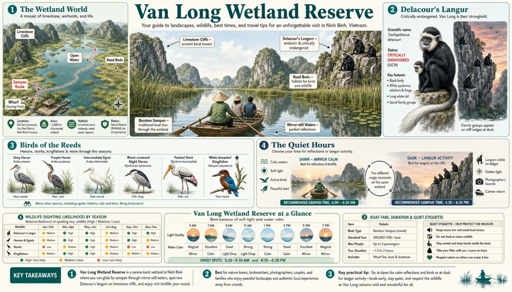 Travel infographic guide poster: Van Long Wetland Reserve in Ninh Binh