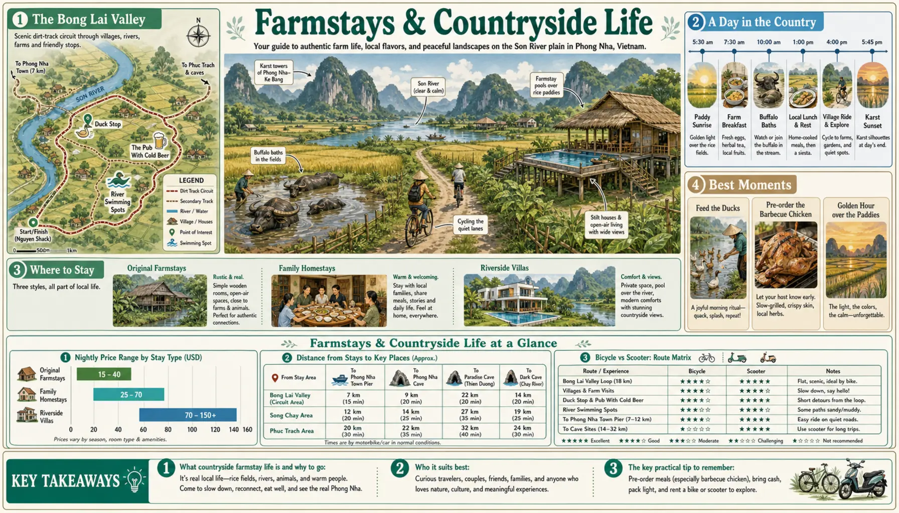 Travel infographic guide poster: Farmstays & Countryside Life in Phong Nha